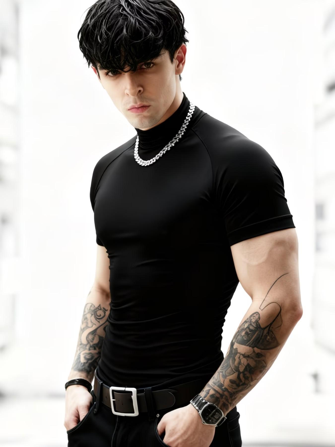 Men's Professional Fitness High Neck T-Shirt, Sporty Style, High Elasticity, Quick-Dry, Breathable, Slim Fit, Ideal for Gym Training
