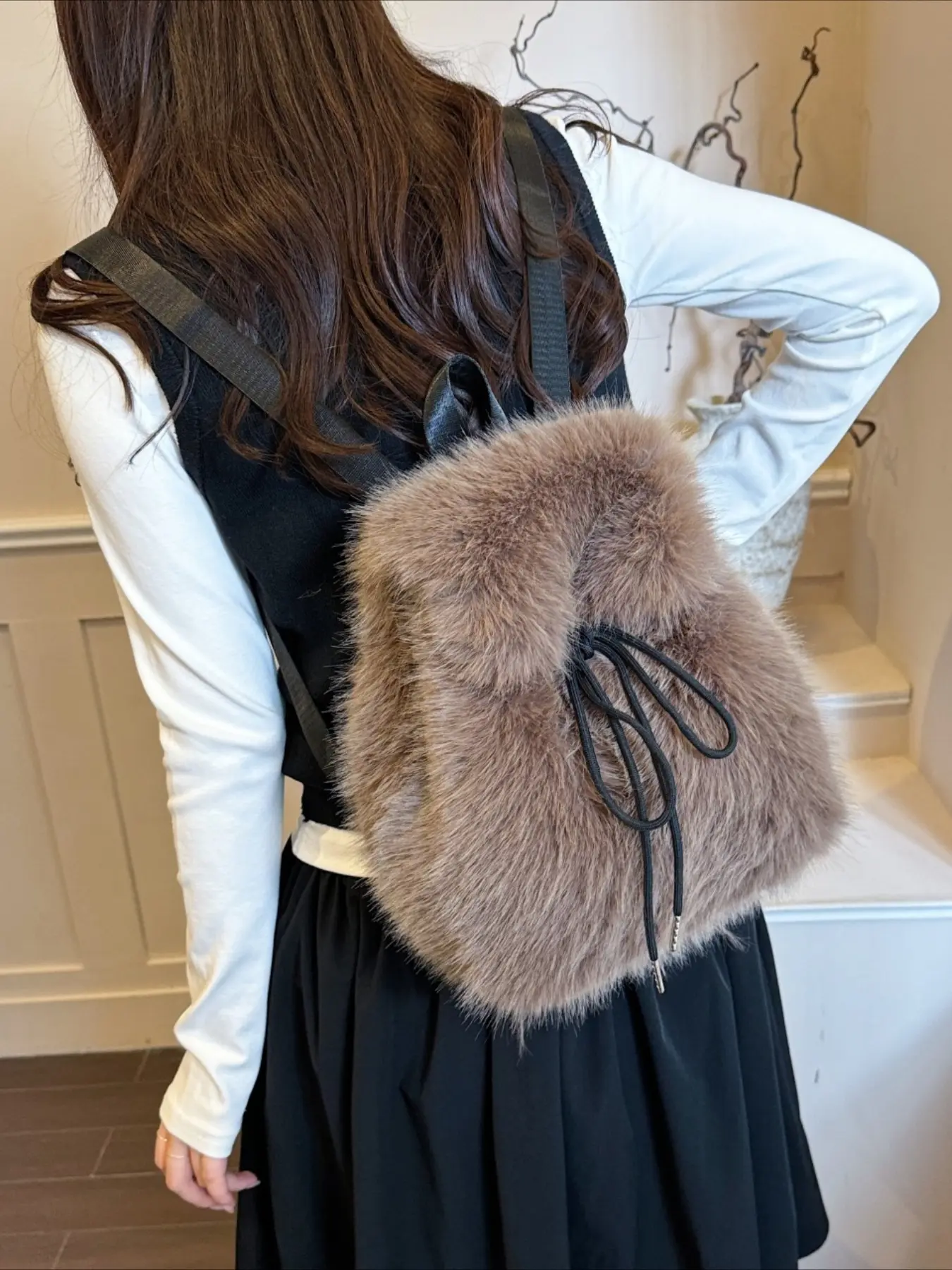 Faux Fur Drawstring Mini Backpack for Women, Lazy‑Vibe Fluffy Plush Small Backpack with Drawstring & Magnetic Snap Flap, Adjustable Wide Woven Straps, 4 Colors, Fall Winter Handbag, Holiday Gift for Her