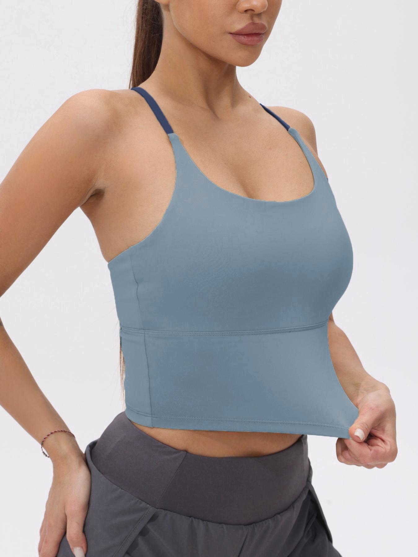Women's Slim-Fitting Sports Top with Fixed Padding, Elastic Yoga Tank, Gym Yoga Tops, Athletic Tops, Color Block Design, Ideal for Fitness and All Seasons