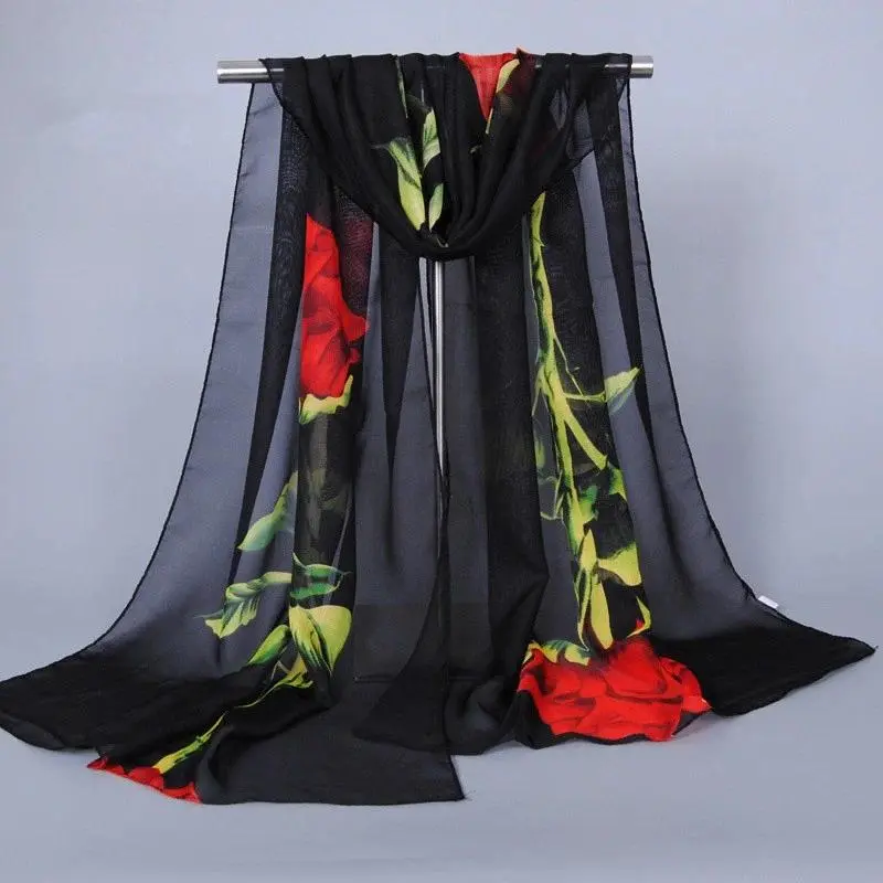 1Pc New Fashion Chiffon Silk Hijab Women's Long Soft Rose Flower Print Scarves Foulard Women Shawls