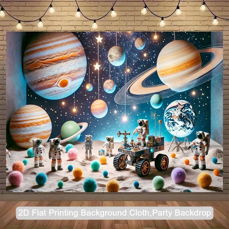2D flat banner 1PC astronaut space exploration background fabric - Jupiter, Saturn robots and stars - deep blue space scenes, suitable for birthday parties, studios, classrooms, home decoration - durable polyester fabric indoor hanging painting - tc