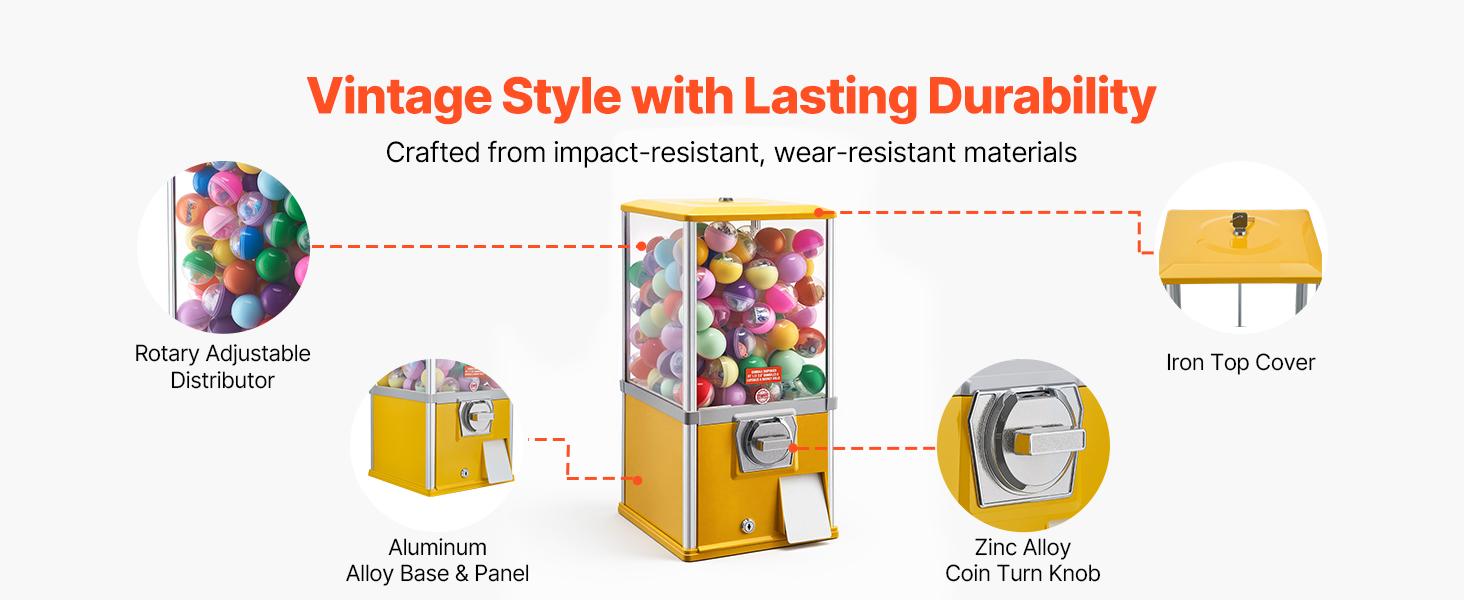 VEVOR Gumball Machine, 21 inch Height Candy Vending Machine Dispenser, 25-Cent Vending Machines for Shopping Malls, Supermarkets, Amusement Parks, Arcades, Holds Up to 180 1.77 inch Spherical Candies