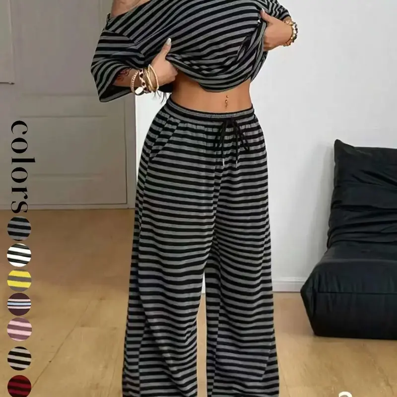 【Black Friday】Women’s Striped Casual Streetwear Two-Piece Set, Loose-Fit Athleisure Outfit with One-Shoulder Top and Wide-Leg Pants, Comfortable for Daily Wear