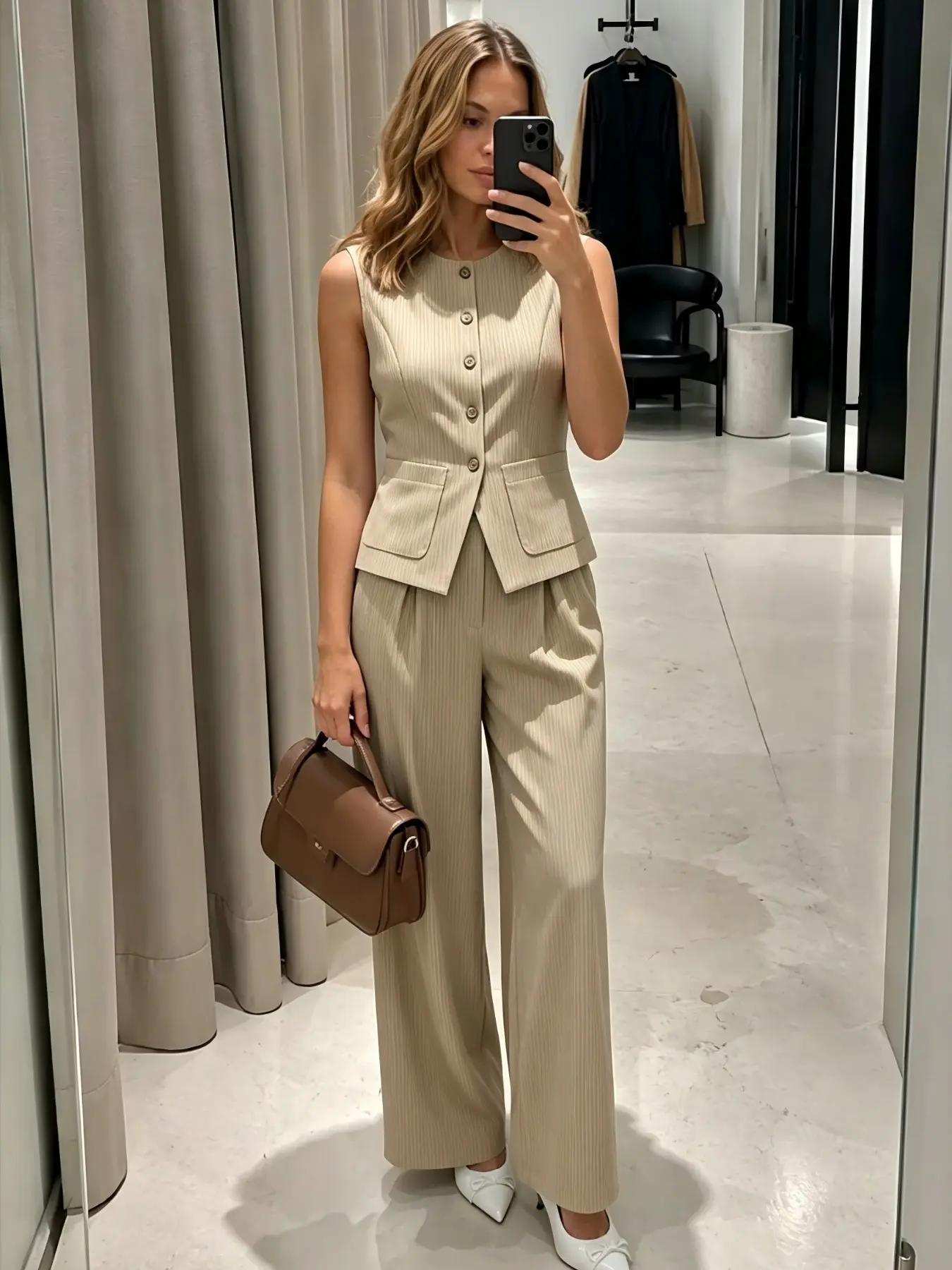 French Style Simple Vertical Stripe Suit Set, Single Button Pocket Sleeveless Vest, Slimming Straight Leg Pants, Office Wear
