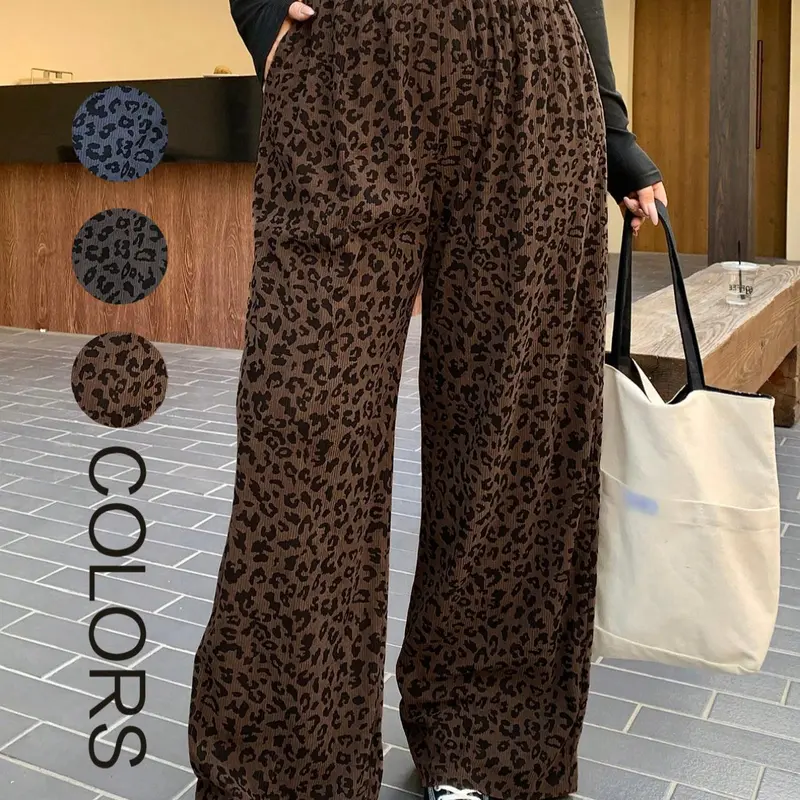 Plus Size Women's Elastic Waist Corduroy Leopard Print Loose Fit Baggy Pants, Coffee, All Seasons, Back-To-School, Casual Date Long Pants