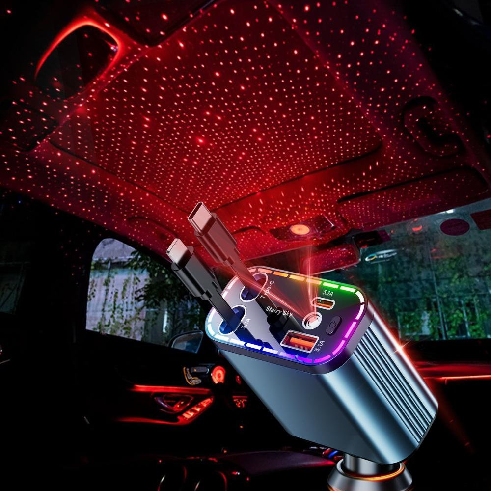 Decorative Starry Sky Light with 4 in 1 Retractable Car Charger Adapter, Fast Charging Car Charger, Fast Charging Solution, USB & Type C Ports Charger Compatible with iPhone & Android, Valentine's Day Gift for Husband Wife Interior Decor Accessories SUV
