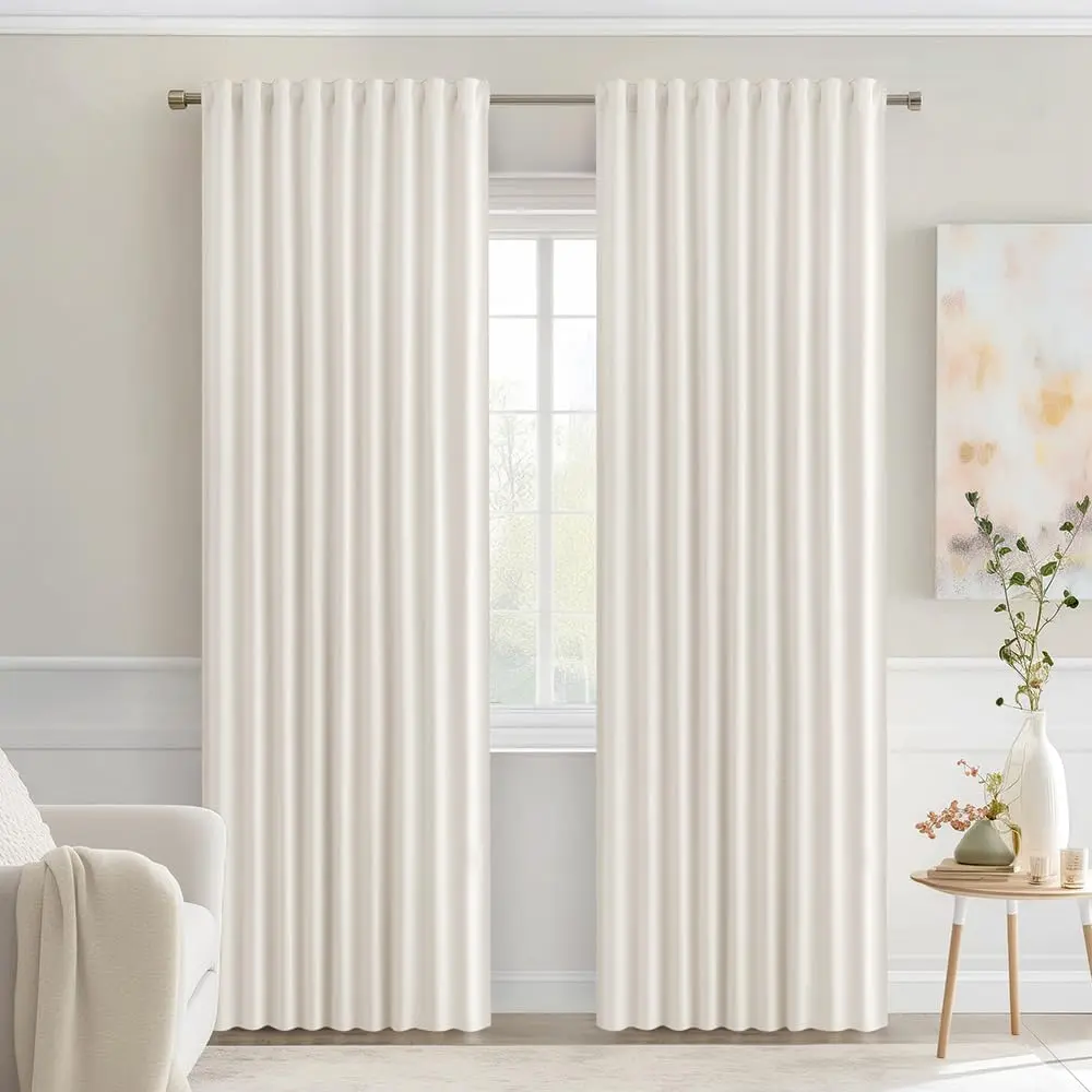 Solid Polyester Ivory Back Tab Rod-Pleated Blackout Curtains, 52x90 in Long 2-Panel Set, Thermal, Privacy Curtains for Bedroom, Living Room
