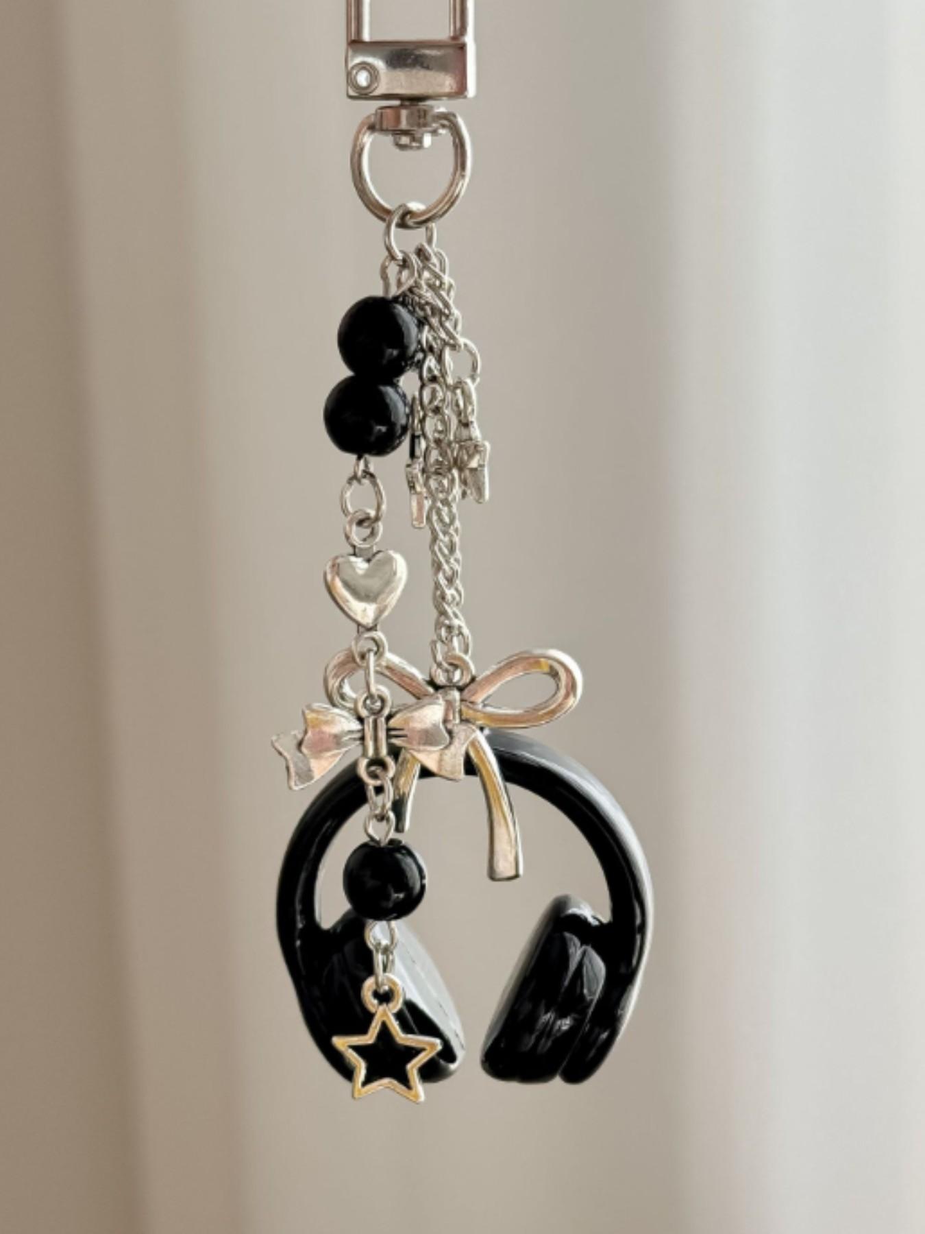 Cute Creative 3D Beaded Earphone Keychain Bag Charm, Headset Phone Strap Pendant,Music Headphone Keyring Bag Keychain Phone Chain Unisex Backpack Pendant Hanging Decoration Accessory,Ideal Gift for Friends/Besties/Family/Couple Black Silver Pink