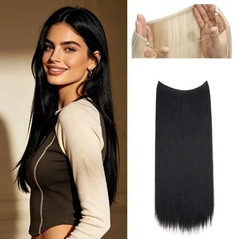 22Inch Synthetic Long Straight Fish Line Hair Extension Invisible Wire Halo Hairpiece Heat Resistant Fiber Hair for Women
