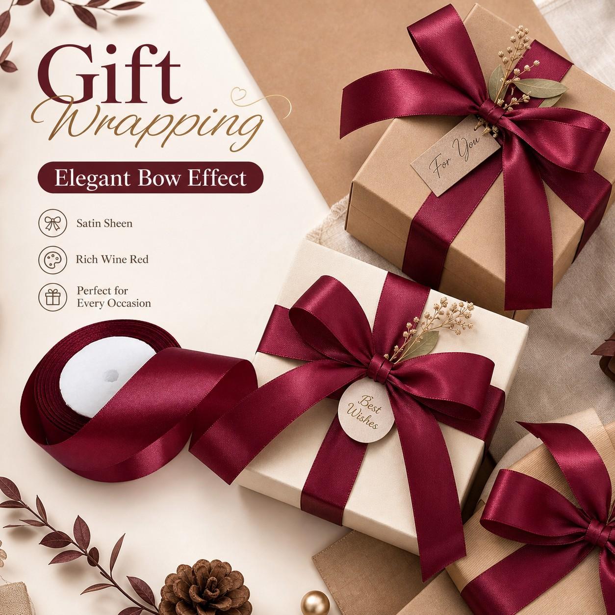 5 Rolls Wine Ribbon, Thick Gift Wrapping Ribbon, 4cm X 22m, Ideal for Christmas, New Year, Valentine's Day, Wedding, DIY Crafts, Party Decorations