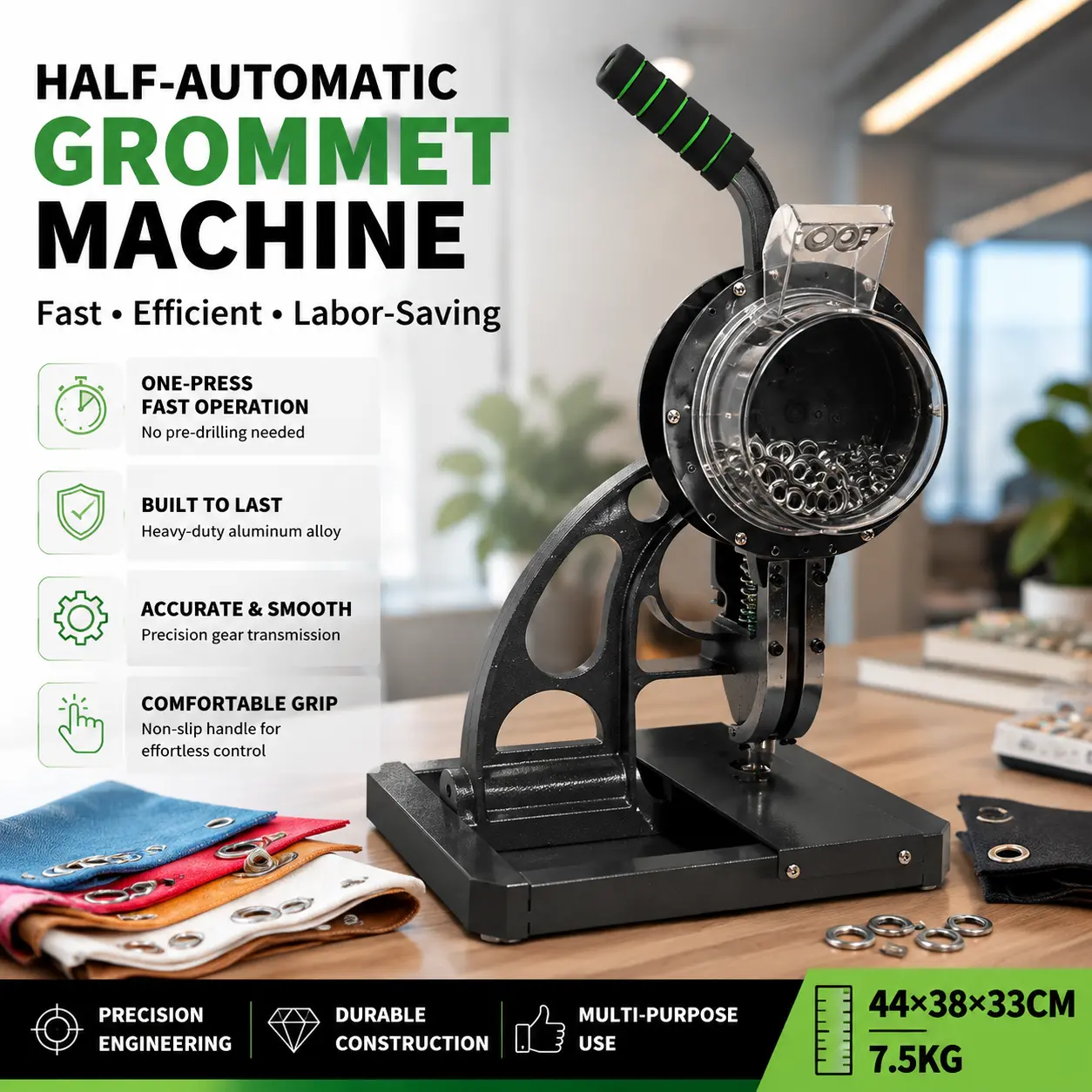 Heavy-Duty Semi-Automatic Grommet Press Machine - Aluminum Alloy Body, Gear Drive, 5000 Eyelets Included, Manual Snap Button Punch Tool for Grommet Craft, Fabric/Leather