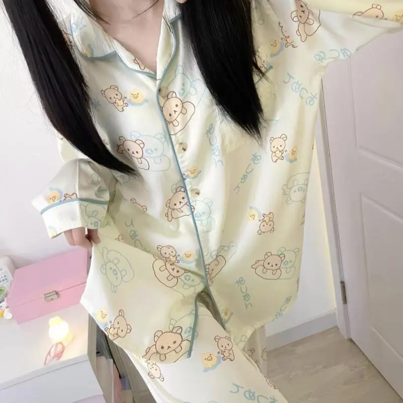 Rilakkuma Cartoon 2-Piece Long Sleeve Long Pants Home Wear Set, Safe Materials, Prints & Buttons, for Women & Children, Spring Autumn Pajama Set