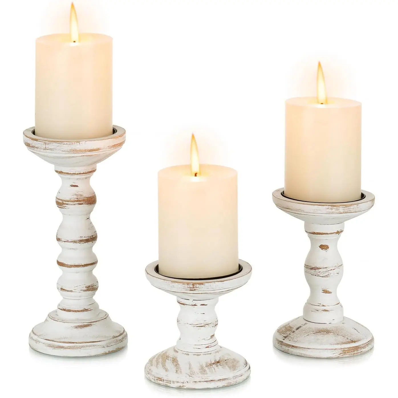 White Wood Pillar Candle Holder for Farmhouse Fireplace Decor