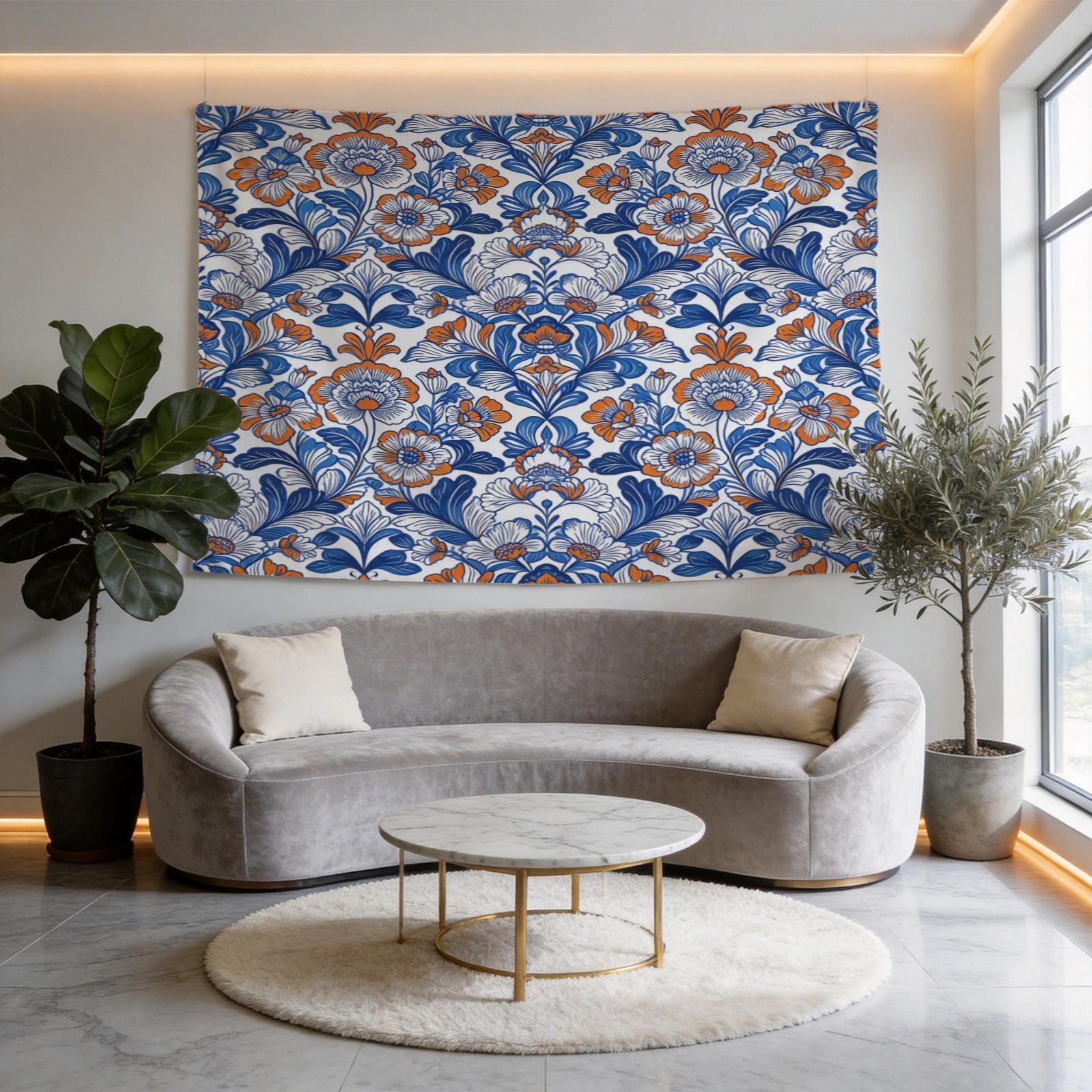 1 Piece Bohemian Blue Orange Floral Tapestry, HD Digital Printed Wall Hanging Tapestries, Aesthetic Boho Tapestry for Living Room Bedroom Dorm Home Decor