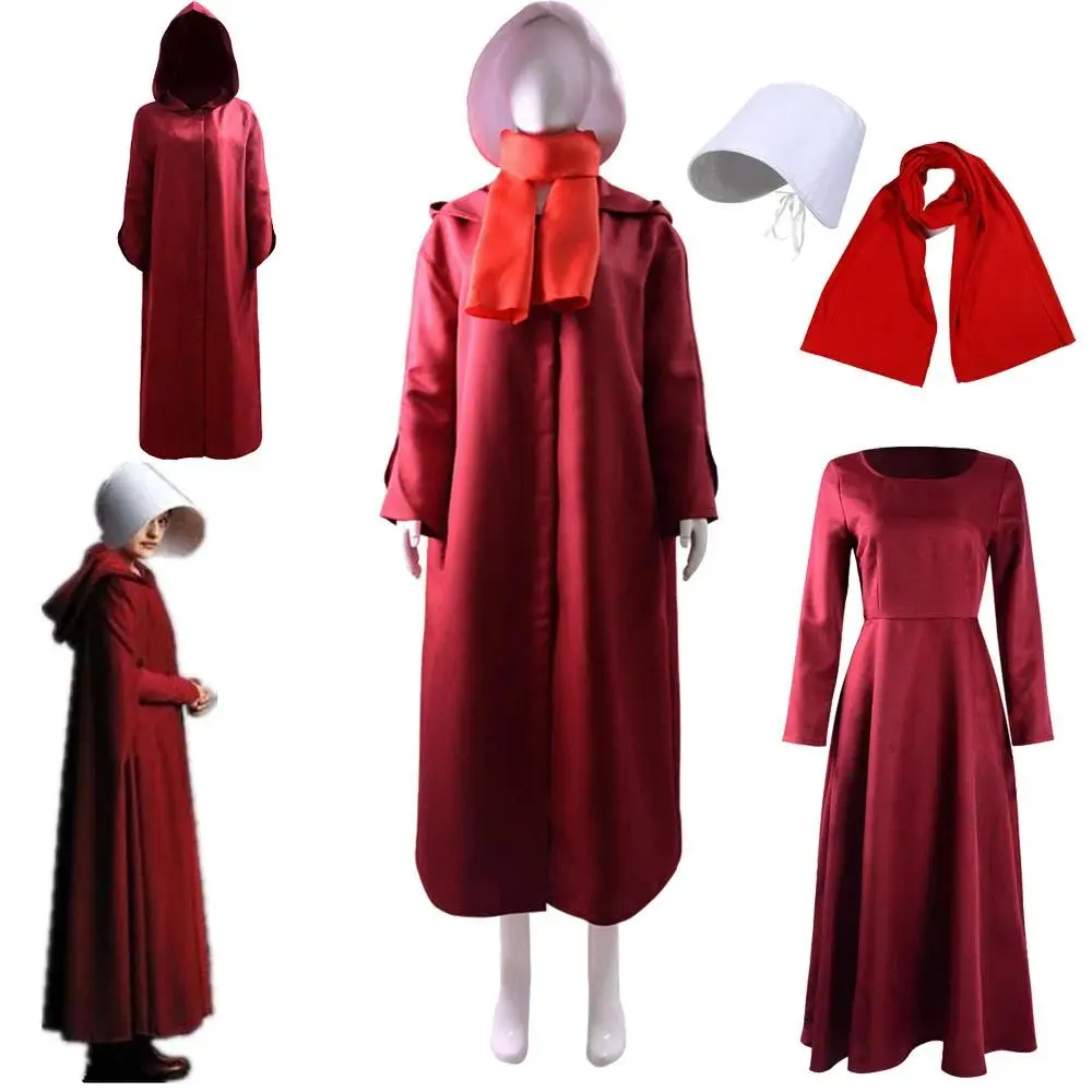 Women's The Handmaid's Tale Cosplay 4pcs Full Set, Polyester Red Cloak Dress, White Hat, Scarf, Multi-Size Halloween Party Costume Clothes for Offred Role-Play