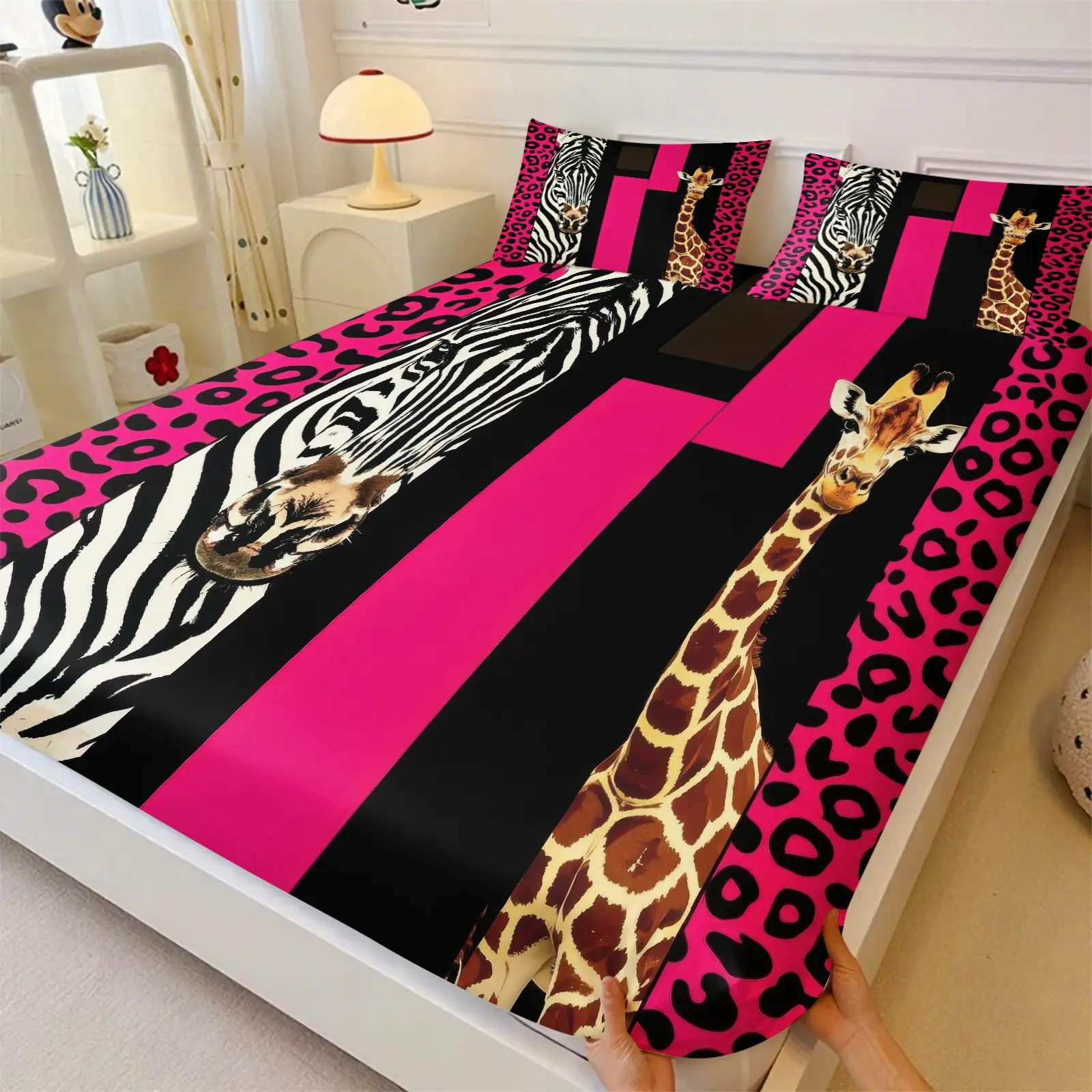 3‑Piece Wildlife Print Fitted Sheet Set & 2 Coreless Pillowcases, Bright Pink Leopard Zebra Giraffe Skin Prints, Hot Pink Leopard Trim, Stretch Deep Pocket Non‑Slip, Eye‑Catching Maximalist Decor, Bold Y2K Wildlife Bedroom Vibe, Home Bedding Set