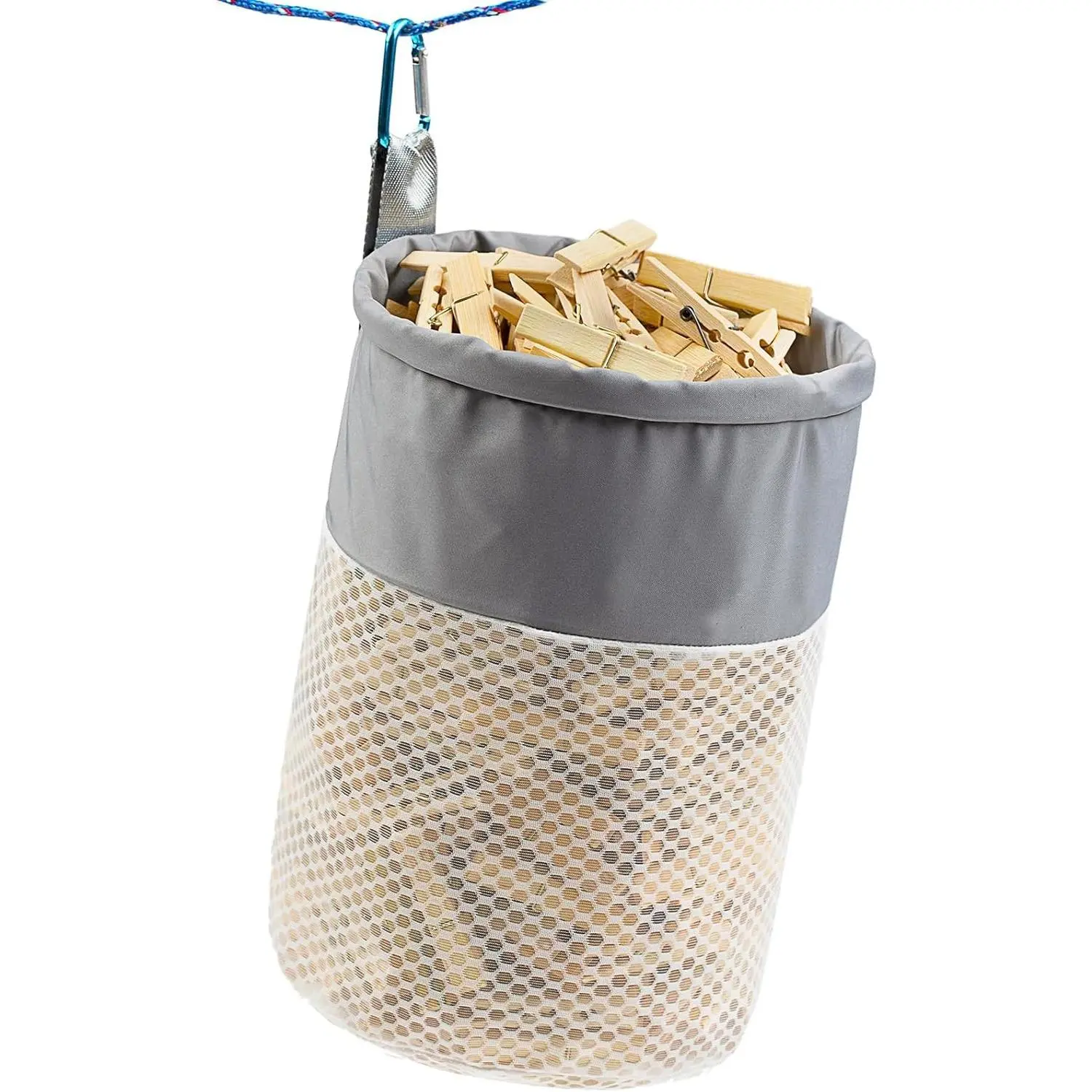 Mesh Clothespin Bag Holder Outside, Ventilation and Moisture Resistance, Multiple Hanging Methods Clothes Pin Bag with Drawstring Closure, Large-Capacity Clothespin Storage Organizer with Hooks