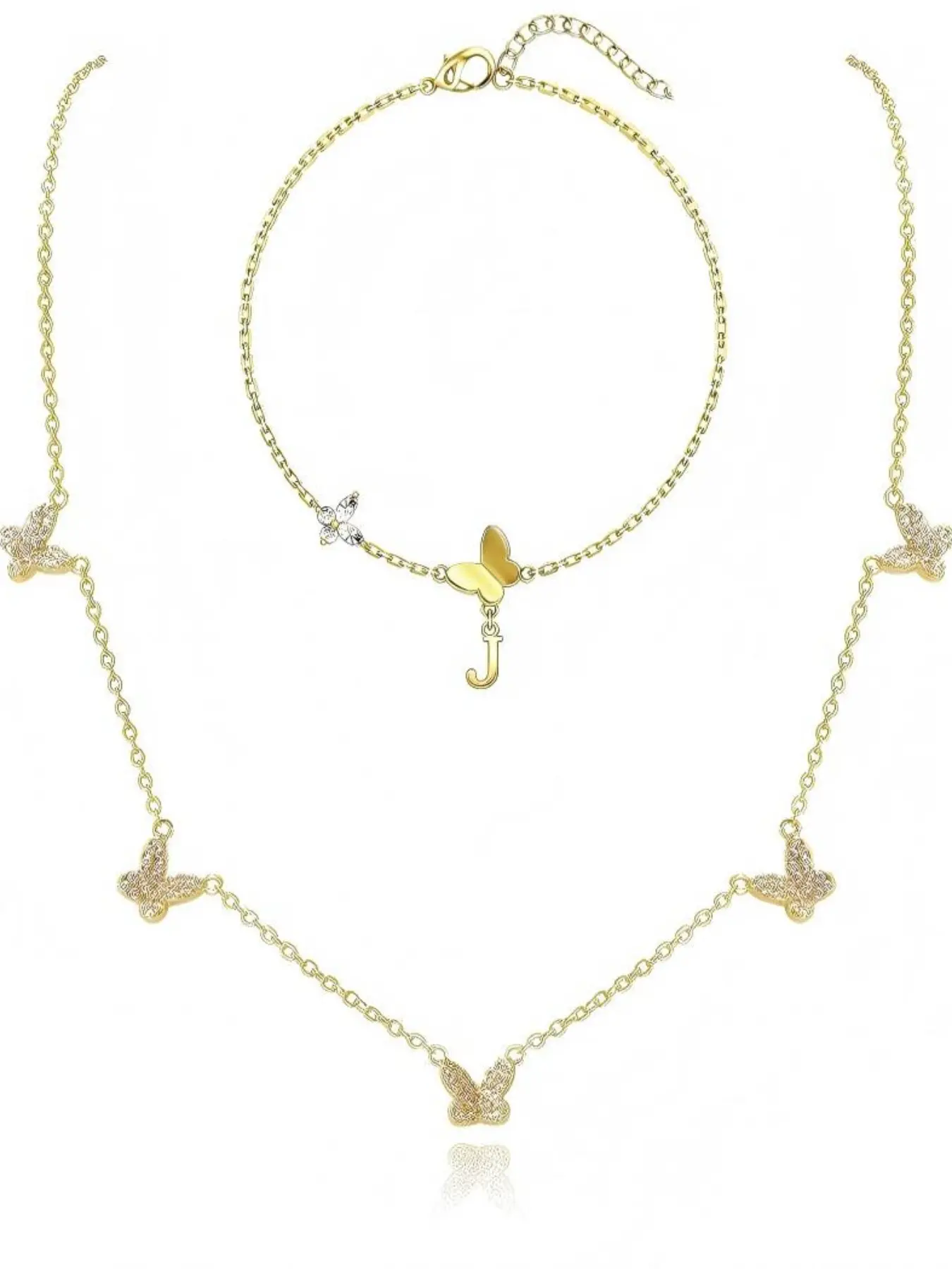 2 Piece Butterfly Necklace Bracelet Set, Women's Unique Letter Jewelry, Trendy Layered Chain Gift, Cute Fashion Accessories