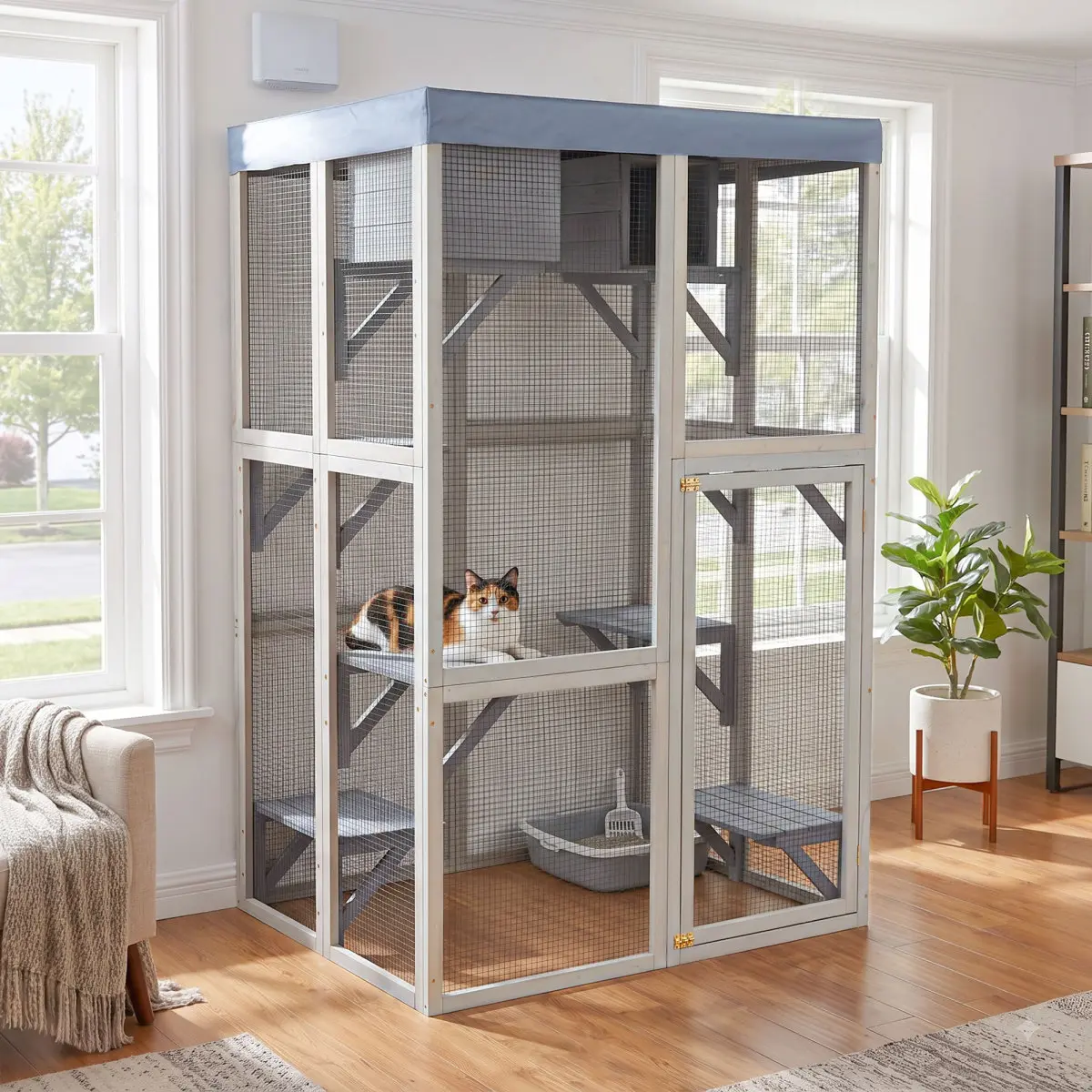 70.5" Tall Wooden Catio Indoor Cat Enclosure, Gray Large Solid Wood Cat House Playpen with 6 Jumping Platforms & 2 Napping Houses, Movable Tarp Cover, Black Friday Deal, Christmas Pet Gift for Indoor Cats