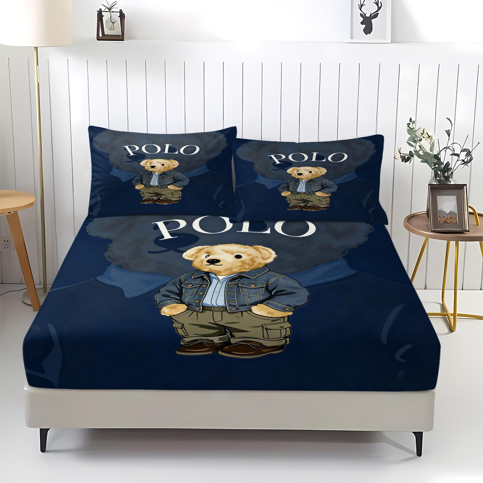 Teddy Bear Pattern Bed Sheet, Comfortable Printed Pattern, Includes 1 Bed Sheet and 2 Pillowcases, Comfortable Bedding, Non slip Dust Cover Suitable for Bedroom and Guest Room, Suitable as a Gift for Children or Adults