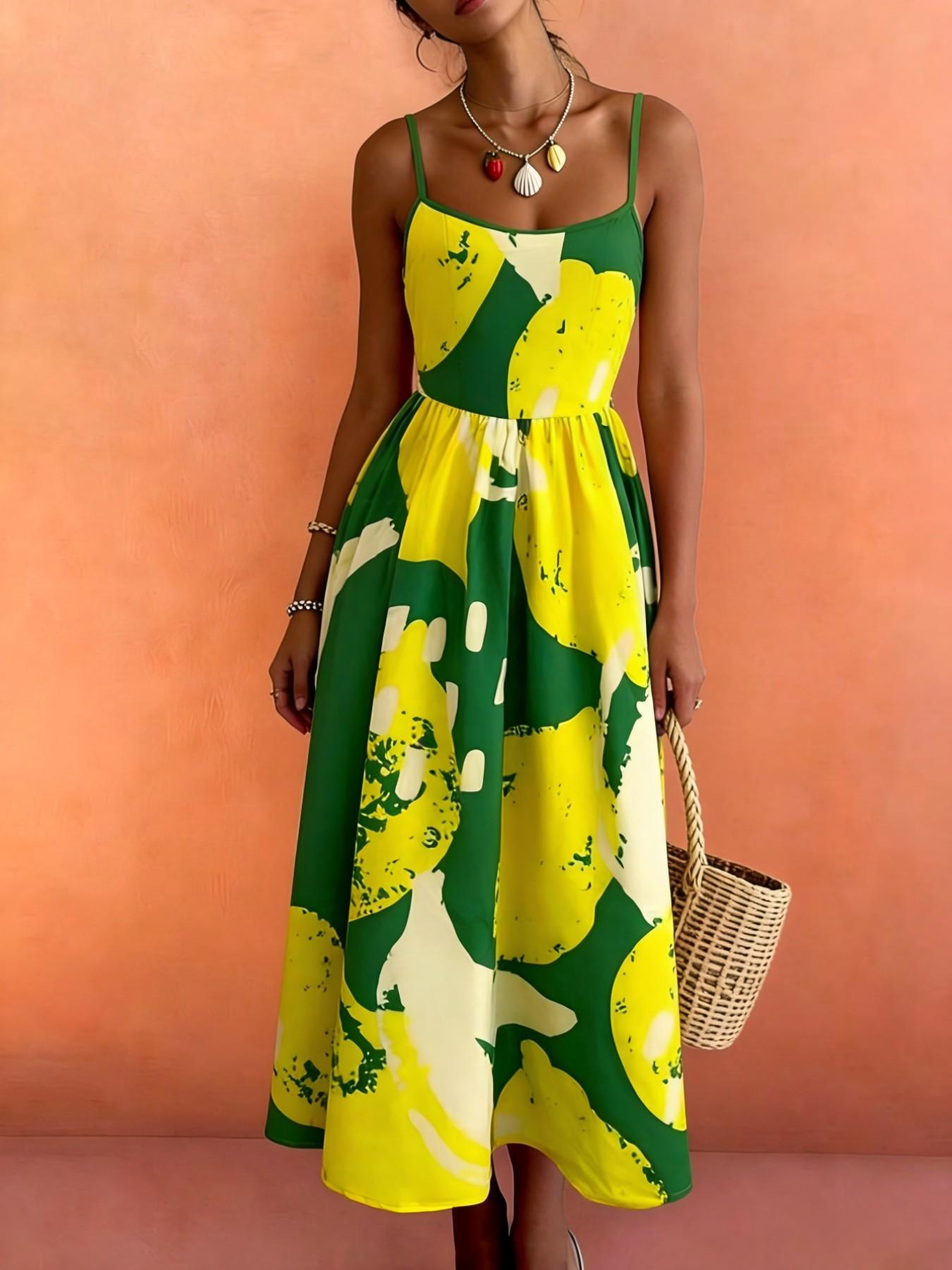 Women's Casual Resort Wear, Spaghetti Strap, Lemon and Banana Fruit Print, Pleated Back Design, Comfortable Beach Dress, Boho Beach Sundress, Boho Summer Clothes, Spring/summer Fashion, Bohemian Summer Dresses, Boho Fashion Dress
