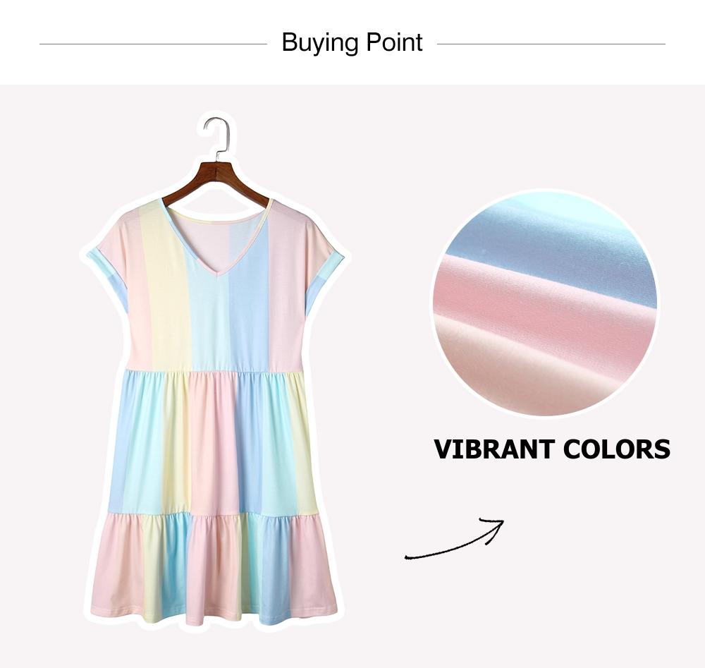 Asvivid Women's Multicolor Striped Rainbow Colorblock Dresses V Neck Short Sleeve Tiered Smock Babydoll Casual Summer Vneck Dress
