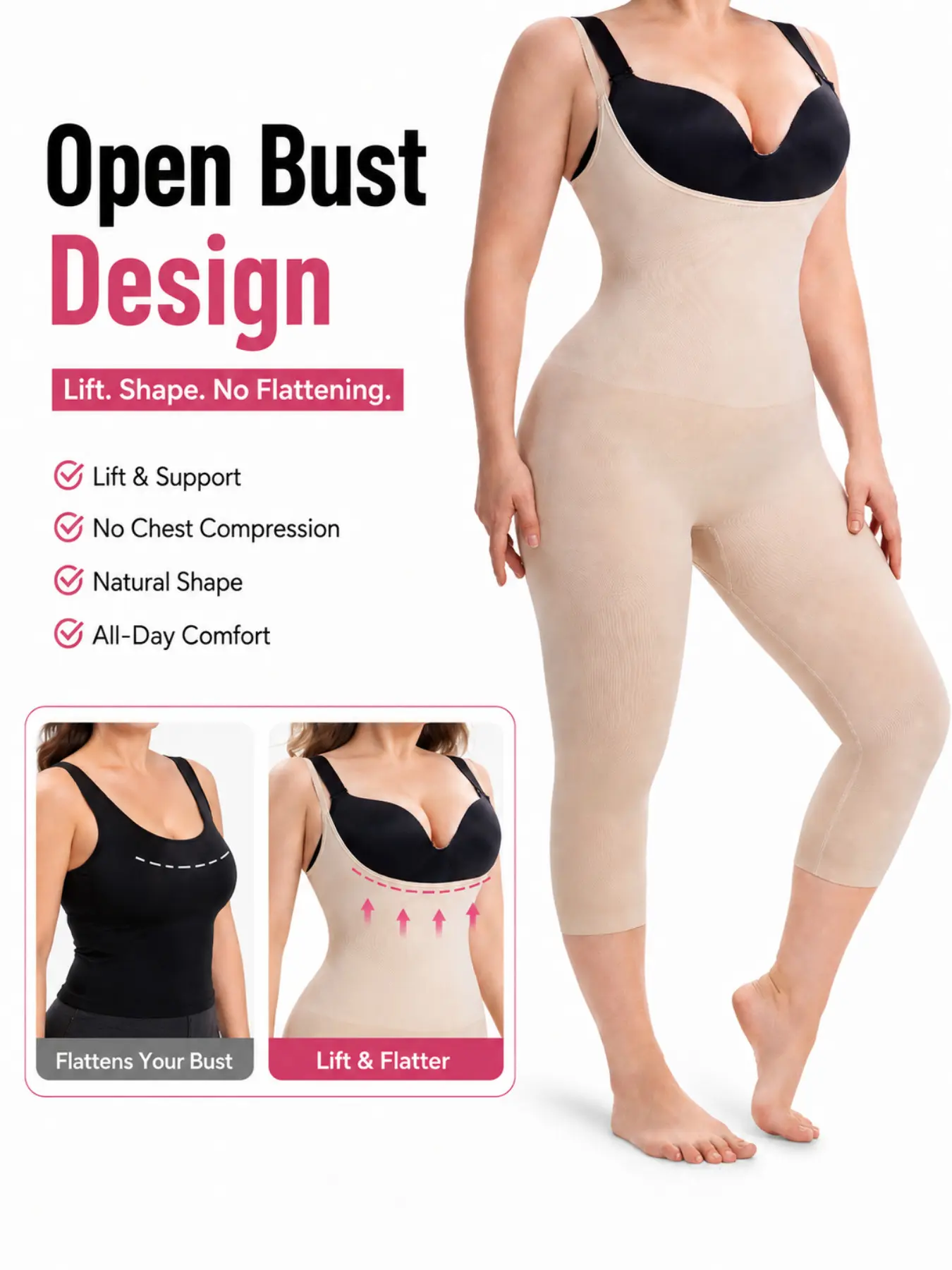 Open Bust Full Body Shapewear Bodysuit Capri for Women | Tummy Control & Waist Shaper | Lift & Shape Without Flattening Your Bust