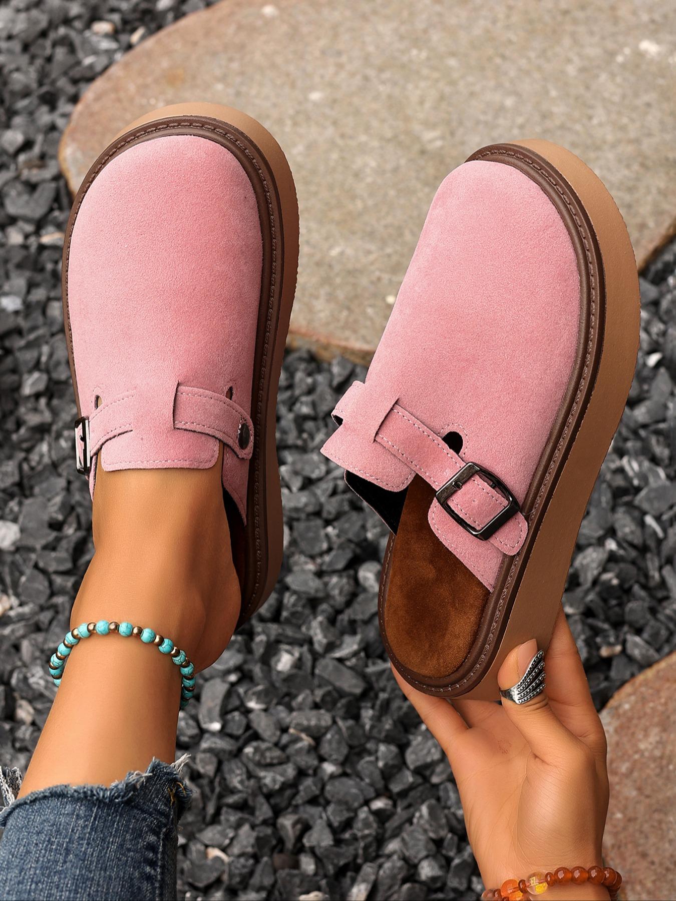 Women's Solid Color Slip-On Shoes, Elegant Comfortable Large Size Single Button Design, Casual Fashion Slippers for Spring & Fall, Flat Slippers