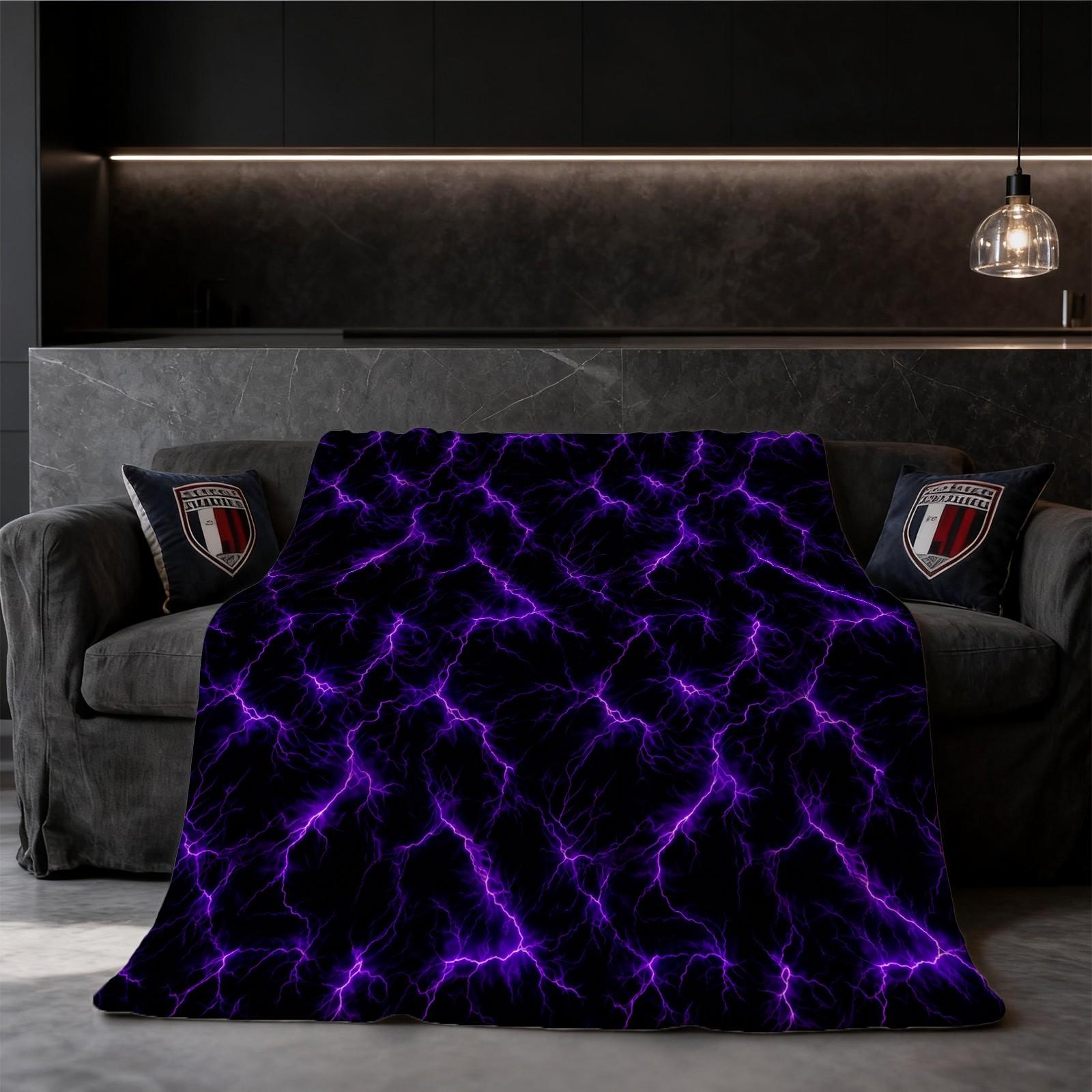 Purple Lightning Flannel Blanket, Single-Side Printed, Cool & Trendy Neon Style, Soft & Skin-Friendly, Multi-Use Throw for Sofa, Bed, Camping & Travel, All-Season, Perfect Gift Option
