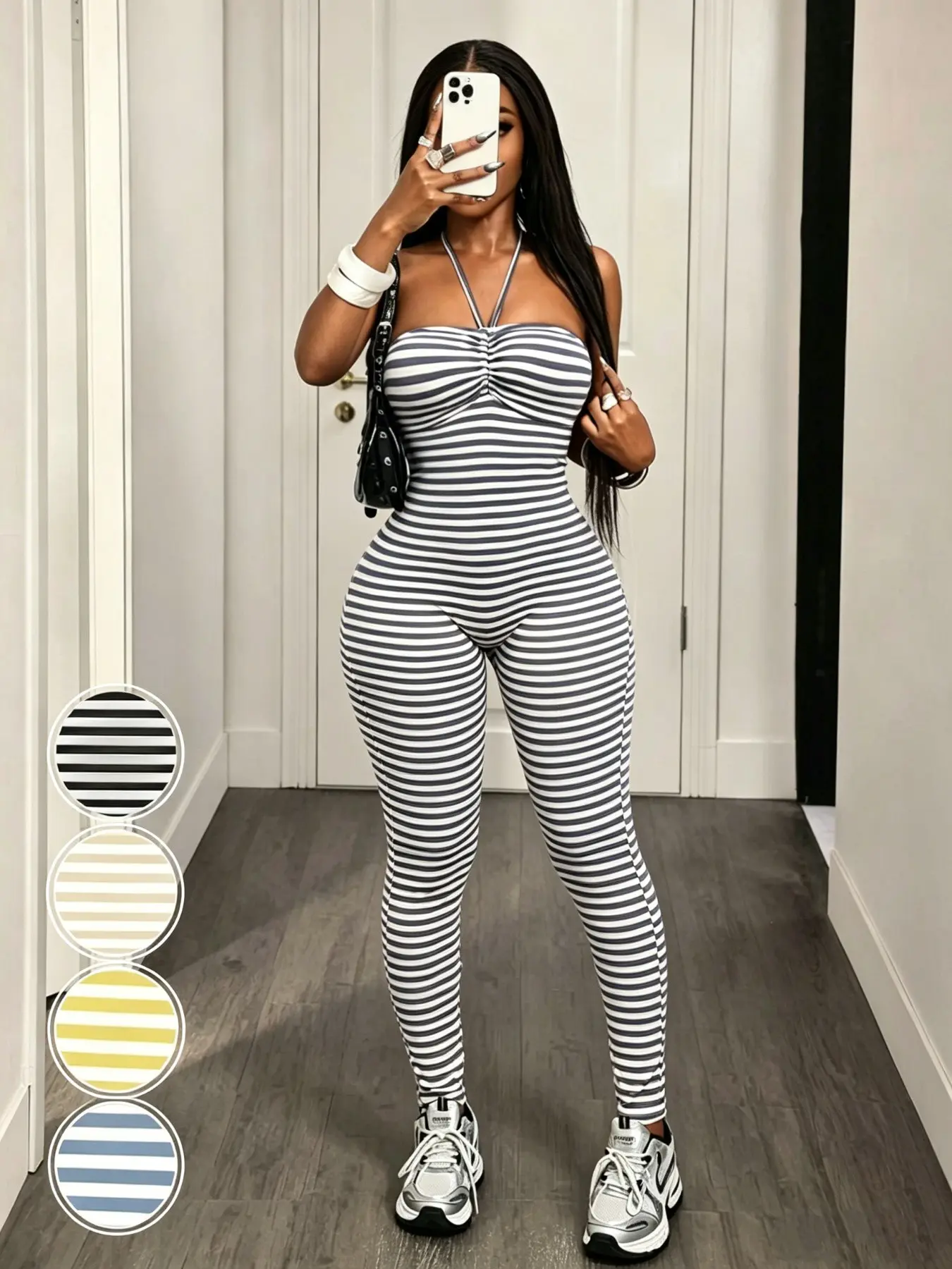 Women's Striped Halter Backless Bodycon Jumpsuit, Summer Sexy Slimming Vacation, Stripe Sleeveless Romper