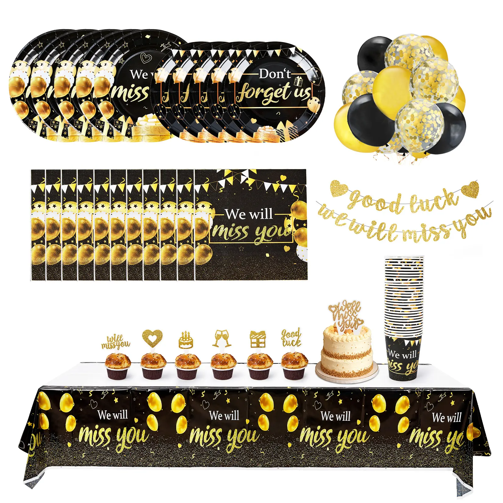 212Pcs Retirement Party Decorations Set Serves 30, Black Gold Happy Retirement Supplies with Disposable Plates Cups Napkins Banner Balloons