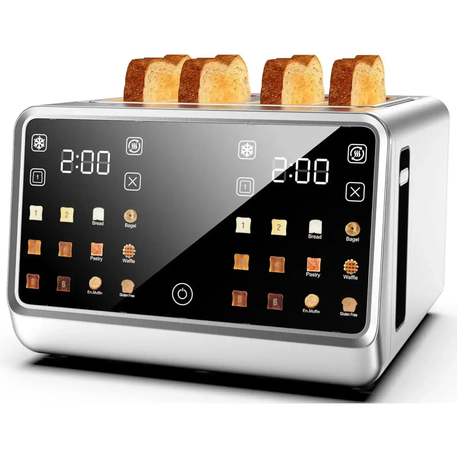4-Slice Wide Slot Smart Toaster - Dual Digital Touch Screens and Independent Controls, Suitable for Home Use |       1800 Watt Stainless Steel Suitable for 6 Bread Types and Toast Settings |       Defrost, reheat and single-chip mode