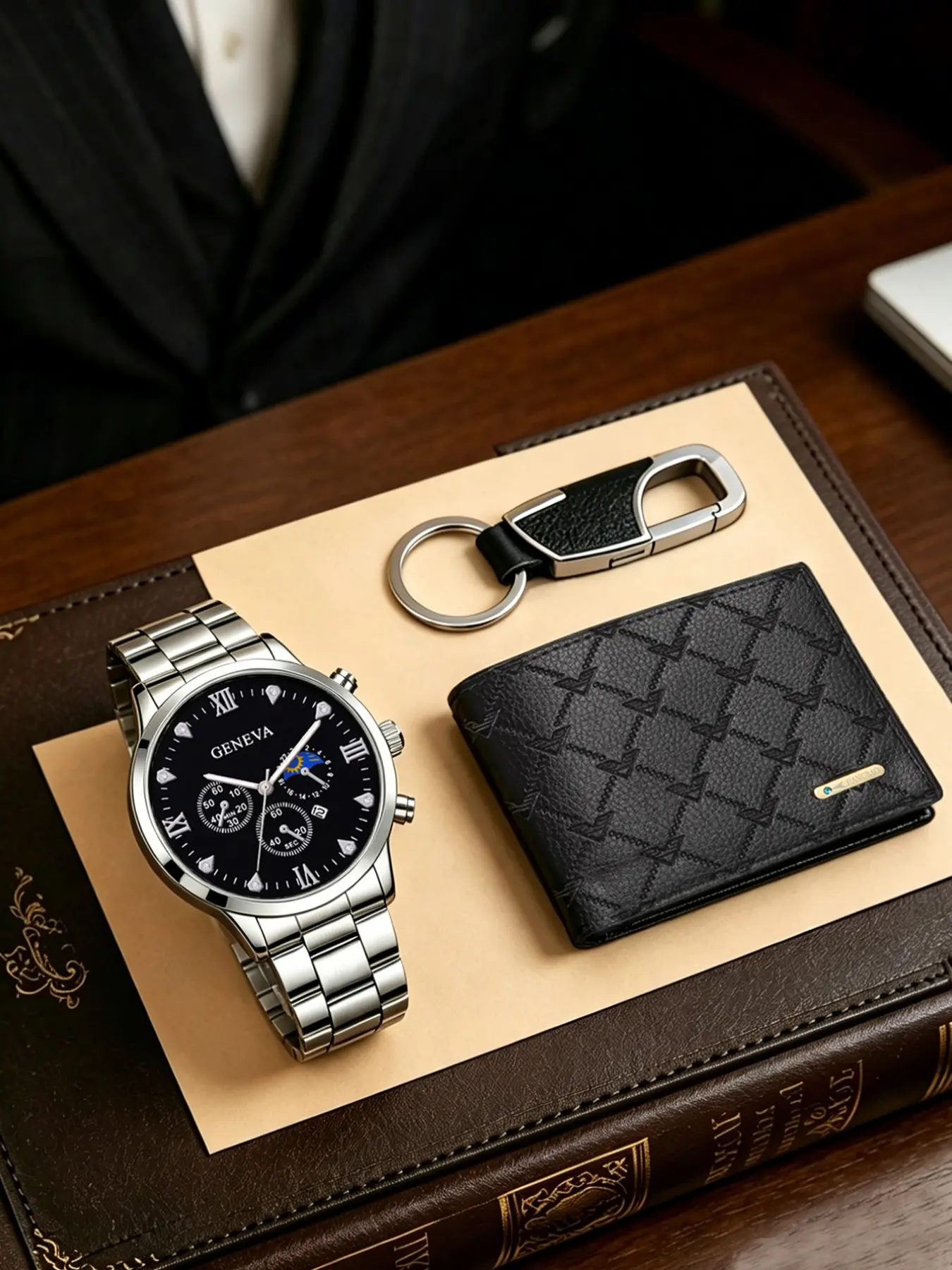 Men's Fashion Quartz Watch Set, Includes Keychain and Wallet, Perfect for Daily Use, Travel, Halloween, Back-To-School, Anniversary Gifts