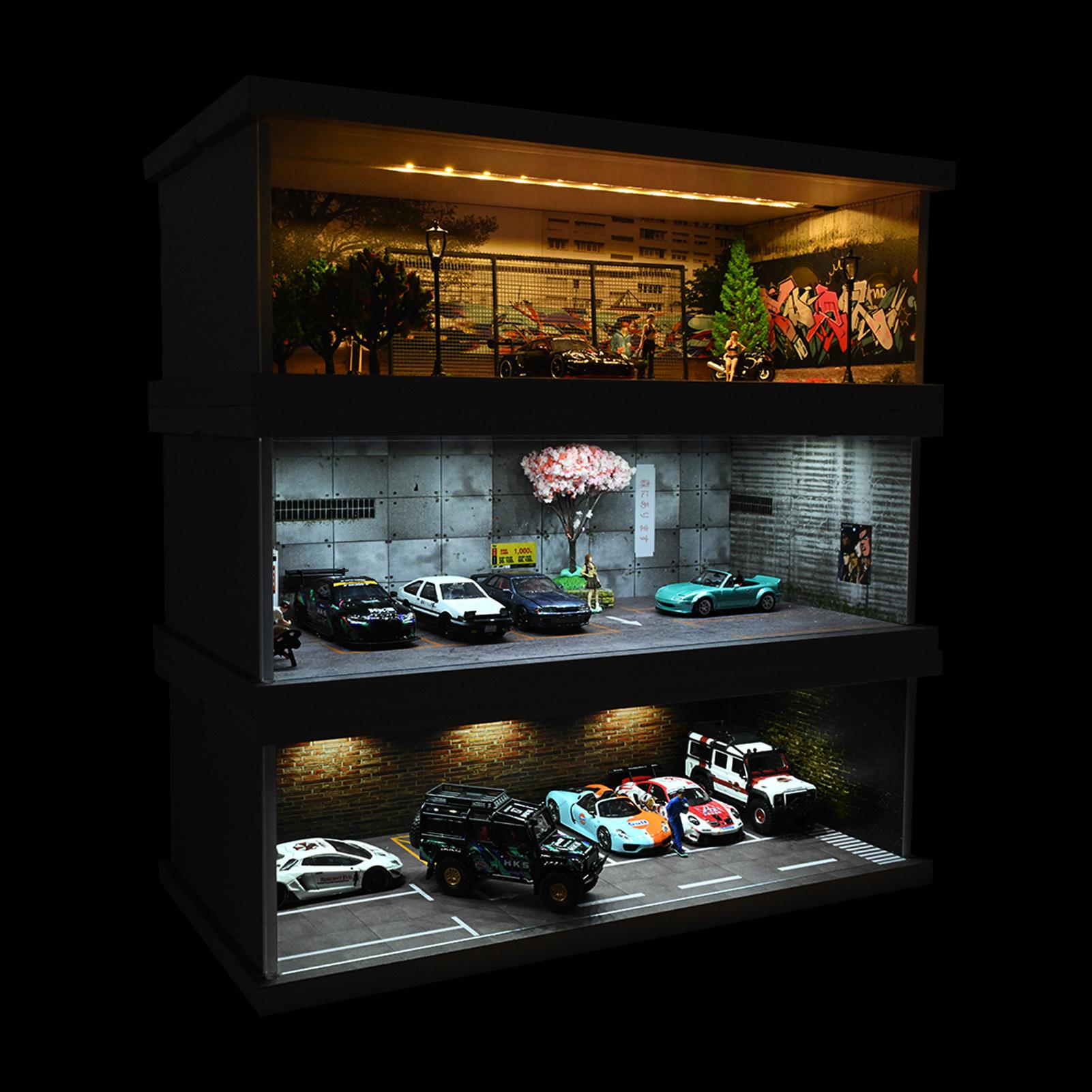 Diorama 1:64 Scale Car Garage Model With LED Lighting Fits For 1/64 Hot Wheels Diecast Model Car City Street Car Parking Lot Backdrop Display Model  Collection Toy Gift with Acrylic Dust Door