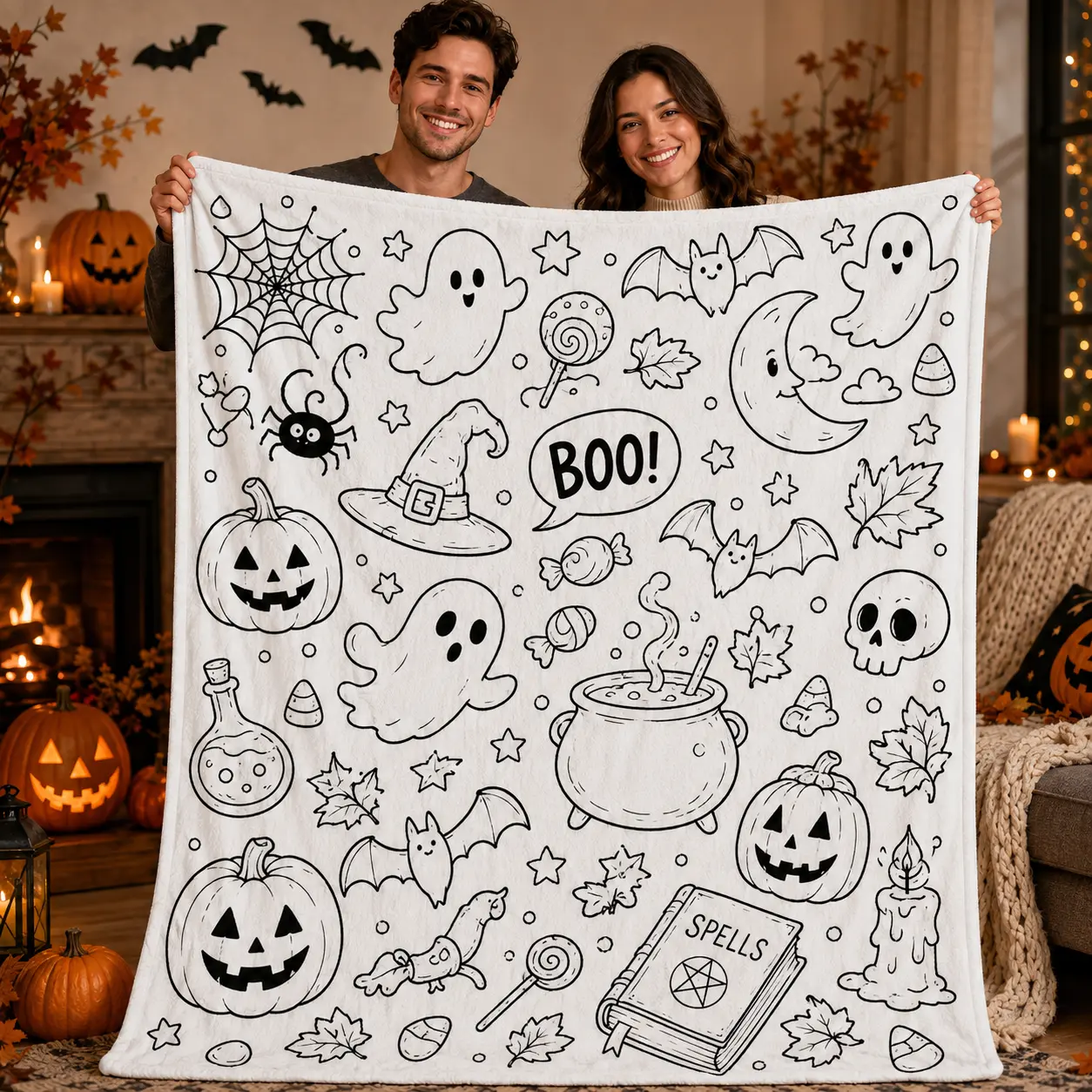Halloween DIY Coloring Soft Flannel Throw Blanket - Ghost, Pumpkin, Witch Hat, Bat Doodle Print - Kids Bedroom Decor, Movie Night Use, Halloween Gift for Children