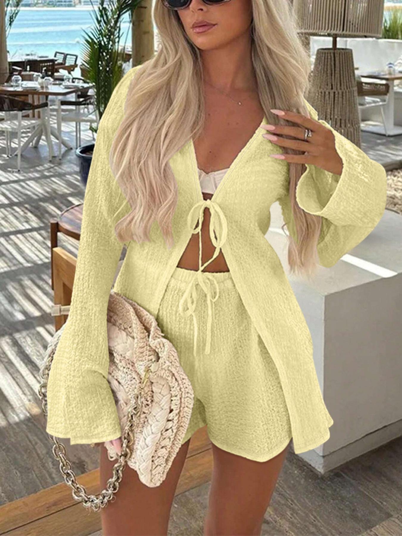 Women's Solid Color Longsleeves Fitted Tie Front Top & Shorts Set, Minimalist Basic Casual Fashion Cozy Two-piece Fashion Style Sets for Daily Outdoor Wear, Ladies Summer Clothes, Womenswear, Loungewear, Homewear, Casual Comfy Pajama Set, Cream