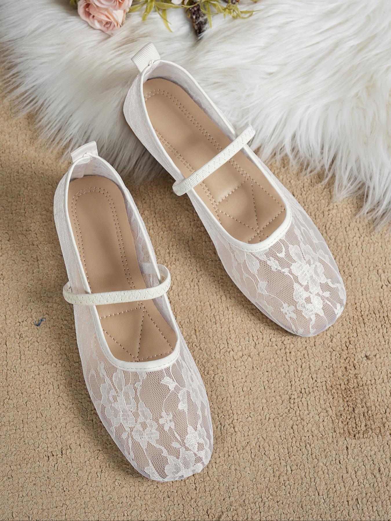 Women's Floral Knit Embroidered Lace-Up Mary Jane Flats, Square Toe Slip-On Casual Shoes, Textile Upper Rubber Sole, Comfortable Ballet Style Sneakers, Walking Shoes, Ballerina Flats