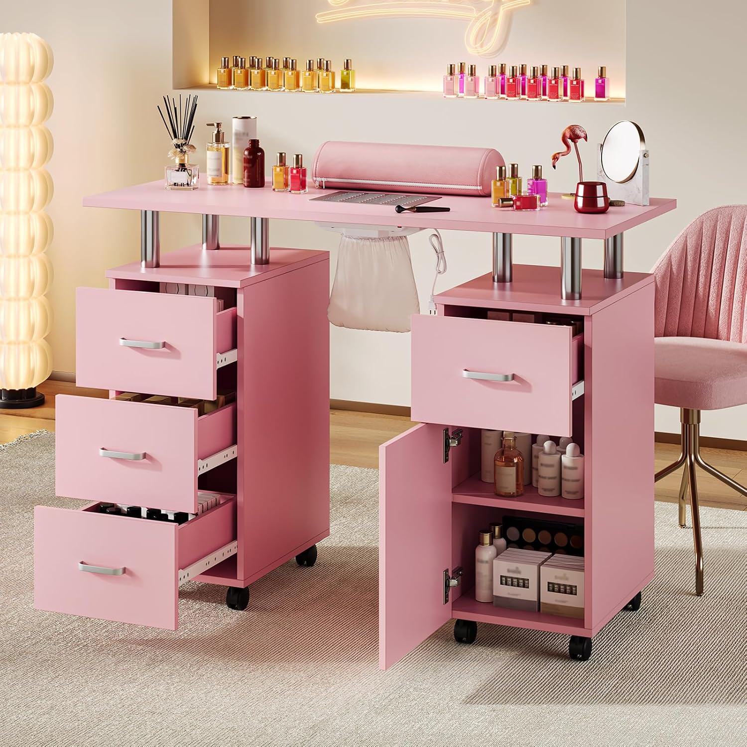Professional Nail Desk with Electric Dust Collector, Nail Tech Table for Salon & Home Use, 4 Drawers Storage Cabinet, Lockable Wheels & Arm Rest Professional Nail Desk with Electric Dust Collector, Nail Tech Table for Salon & Home Use, 4 Drawers Storage Cabinet, Lockable Wheels & Arm Rest
