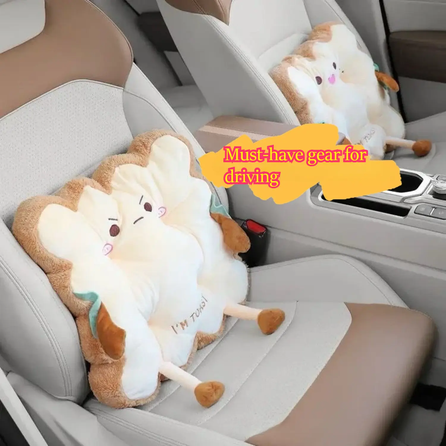 Cute Toast Lumbar Support Cushion Soft Plush Car Seat Back Pillow Aesthetic Kawaii Office Chair Pad Essential Car Interior Accessories For Long Drive Comfort Road Trip Essentials Gifts For Women Drivers