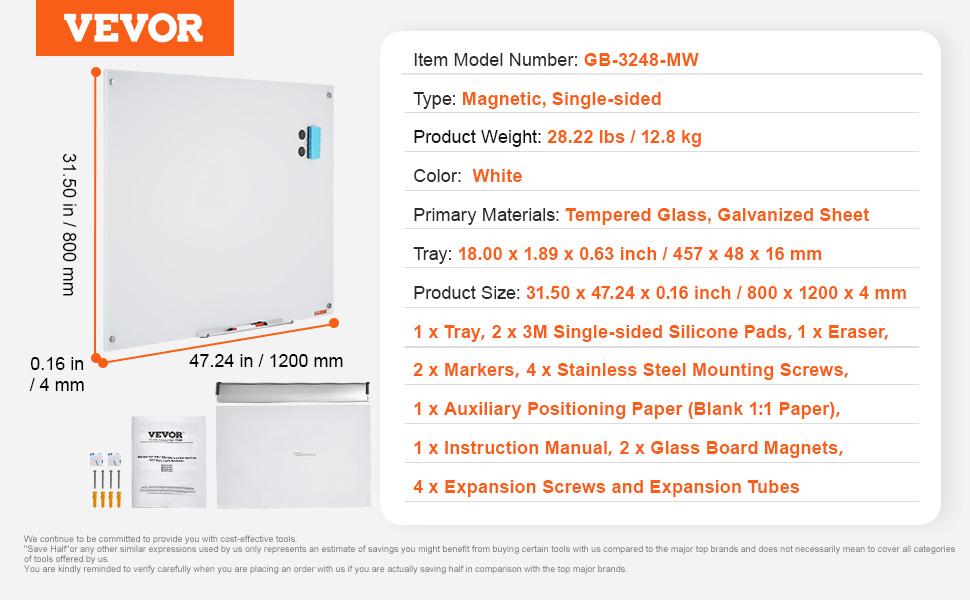 VEVOR Magnetic Glass Whiteboard, Dry Erase Board 48x32, Wall-Mounted Large White Glassboard Frameless, with Marker Tray, an Eraser and 2 Markers, White