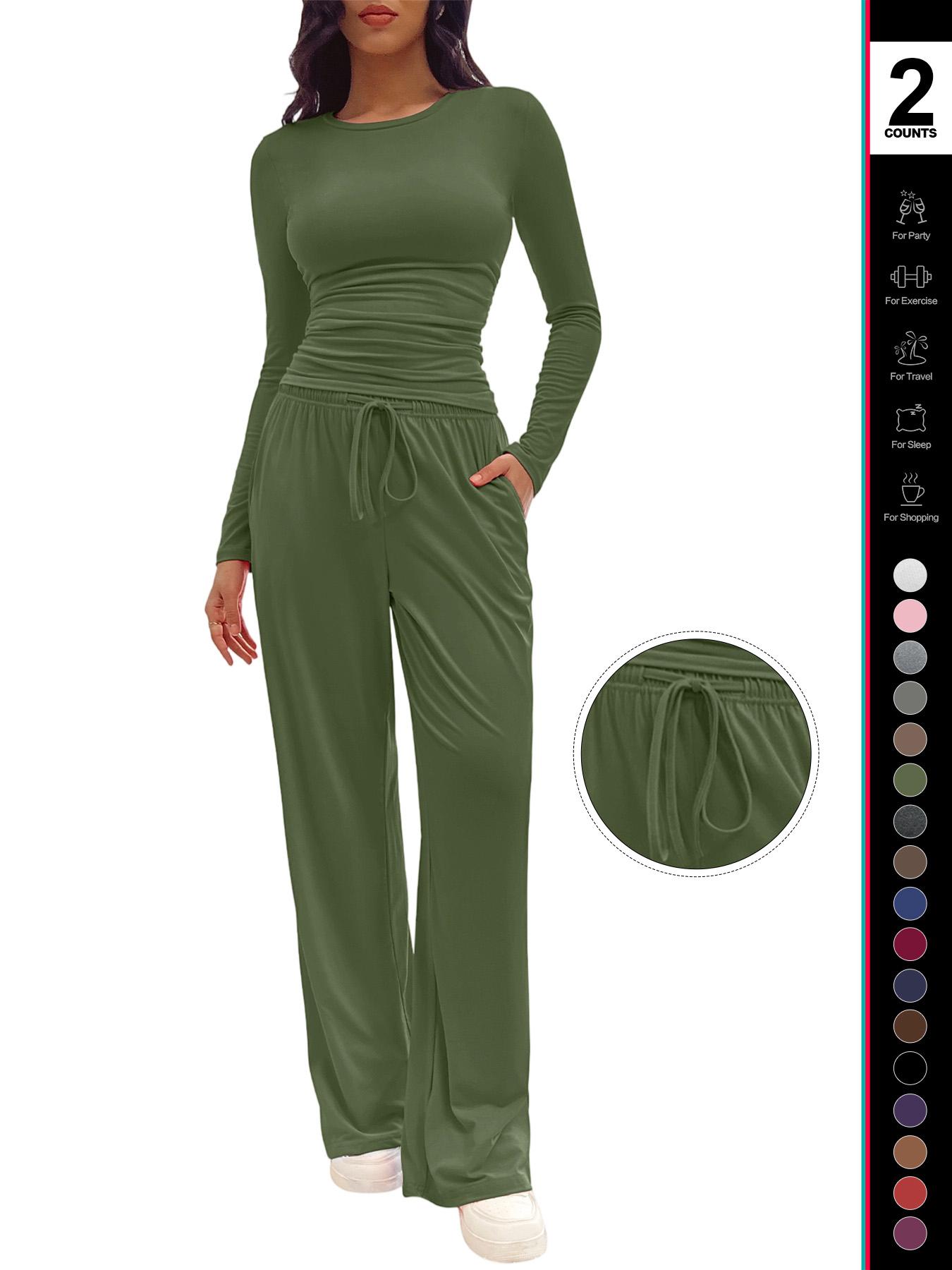 Women's Solid Ruched Drawstring Loungewear Set, Casual Fit Long Sleeve Round Neck Top & Pocket Wide Leg Trousers, Ladies Sleepwear for All Seasons