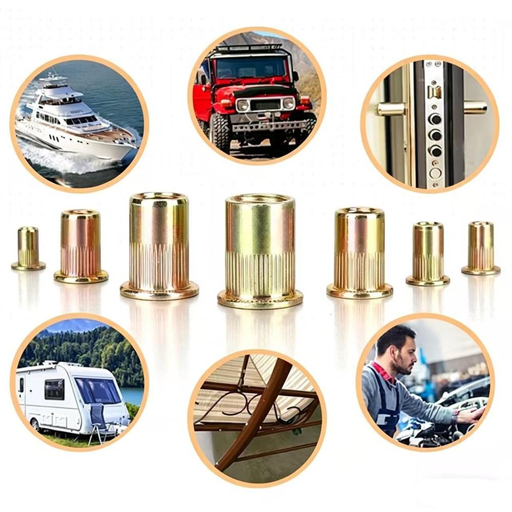 150pcs Rivet Nuts Combo Set, Includes #8-32, #10-24, 1/4"-20, 5/16"-18, 3/8"-16, Zinc Plated Carbon Steel, Flat Head Threaded Embedded Nuts