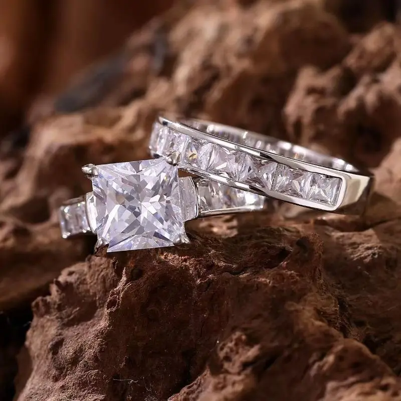 Women's 2-Piece Princess Cut Stones Rings Set - Engagement & Promise Band, Rings for Women, Plain Costume Jewelry Gift for Her, Ideal for Special Days & Casual Wear