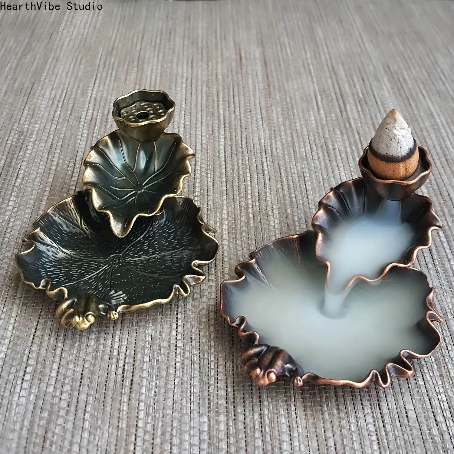 1pc Elegant Leaf-Shaped Zinc Alloy Waterfall Burner - Black & Copper Zen Meditation Incense Holder for Yoga, Spa, Home Decor, Battery-Free & No Batteries/Electrical Power, Artistic Smoke Design, Holiday Gift for Christmas, Halloween, Easter, Hanukkah