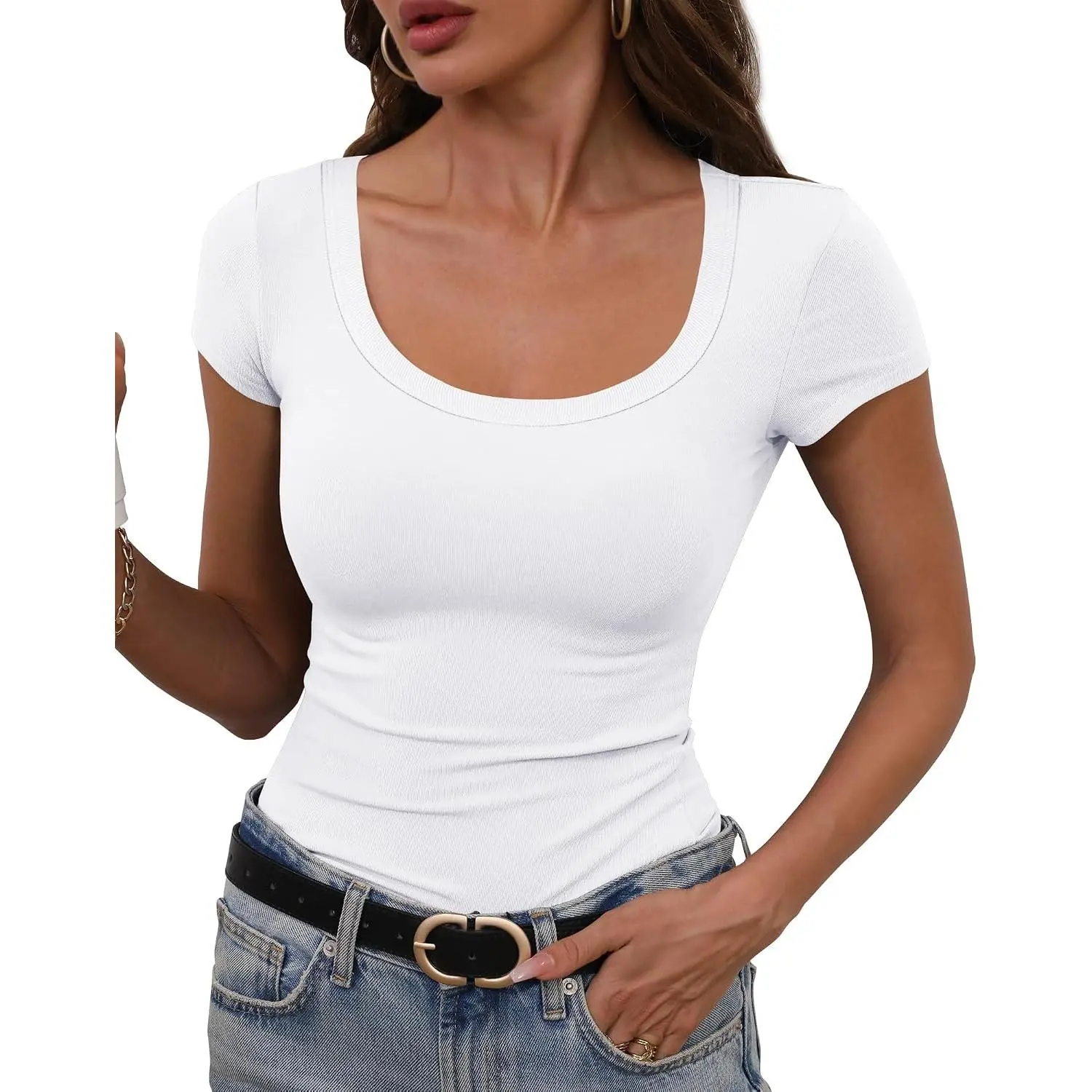 Women's Stretchy Scoop Neck Short Sleeve Fitted Casual Basic T-ShirtGift