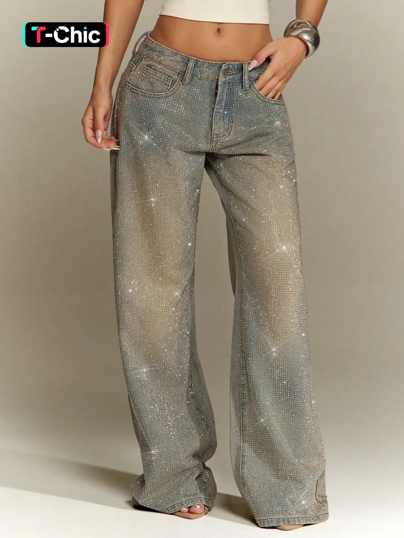 Women's Low Waist Wide Leg Jeans with Rhinestone Embellishments, Vintage Washed Denim Long Pants, Y2K Style Streetwear, Casual All Seasons