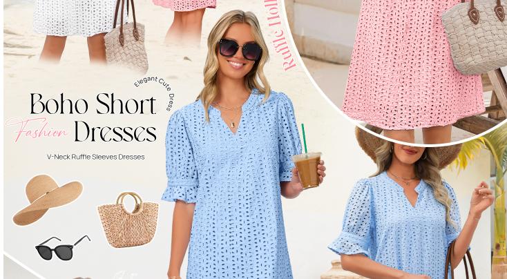 MEROKEETY Women's 2025 Summer Short Sleeve Mini Dress V Neck Ruffle Hollow Out Eyelet Lace Dresses