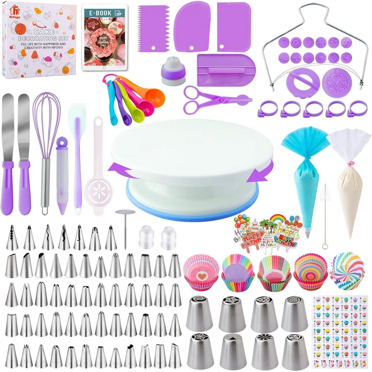 Nifogo 356pcs Lightweight Stainless Steel Cake Decorating Supplies Kit - Home Supplies with Turntable, Piping Bag, Icing Tips, Cupcake Stand, Firm Grip and Angled Blades for Beginner Friendly Cupcake Baking, Decorations Supplies, Flexible