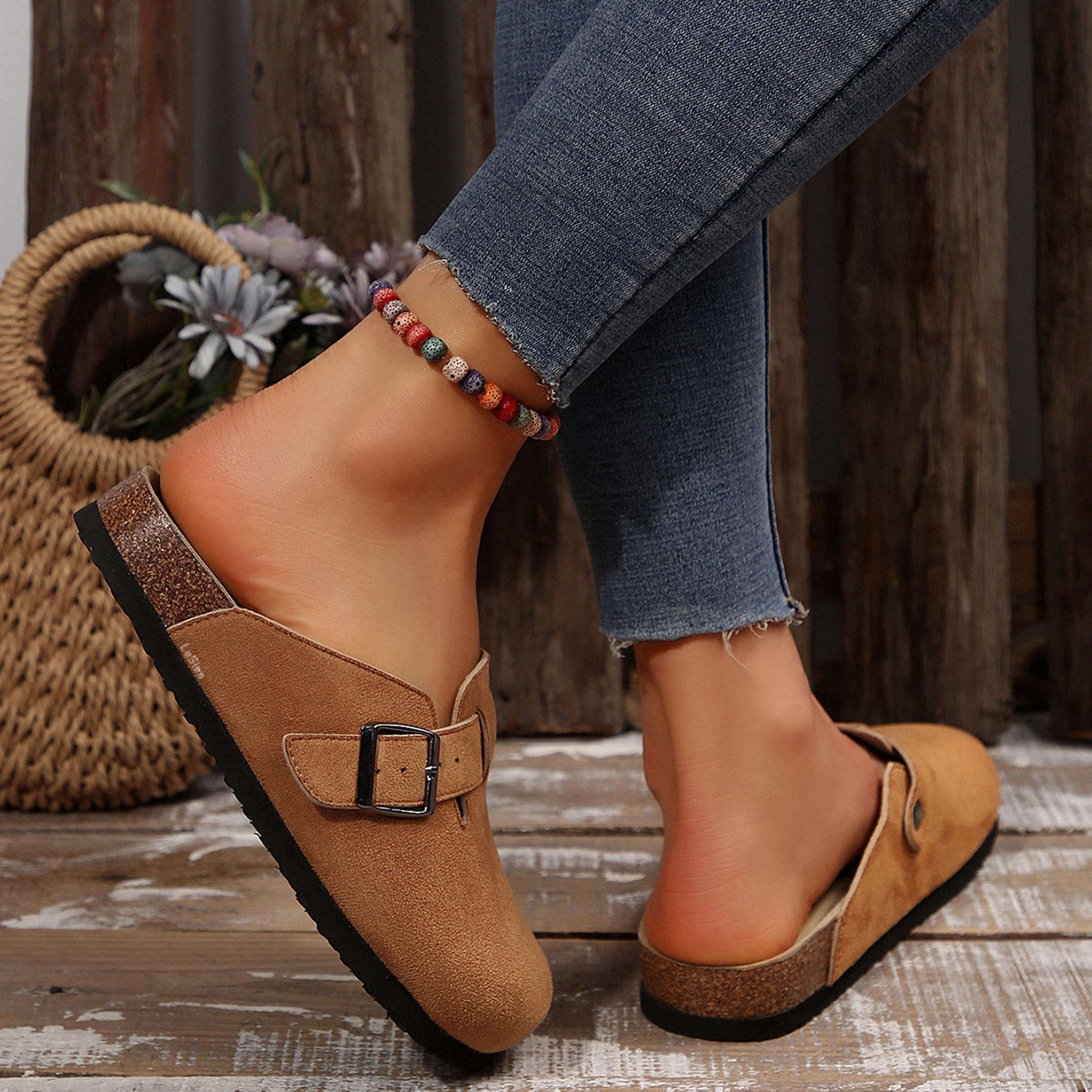 Suede Clogs for Women and Men - Adjustable Buckle Slip-on Cork Footbed Mules with Antislip Sole - Unisex Slippers Brown Springfresh Cork Platform Shoes Summer Vibes