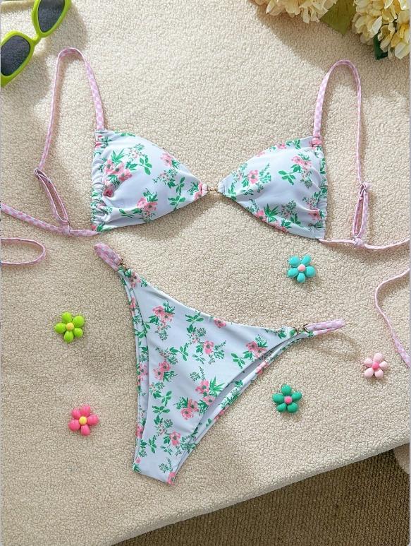 2026 Spring Summer Women's Floral Print Bikini Set, Adjustable Straps, Triangle Cups, Low Waist Bottoms, Lightweight Stretch Fabric for Beach and Pool